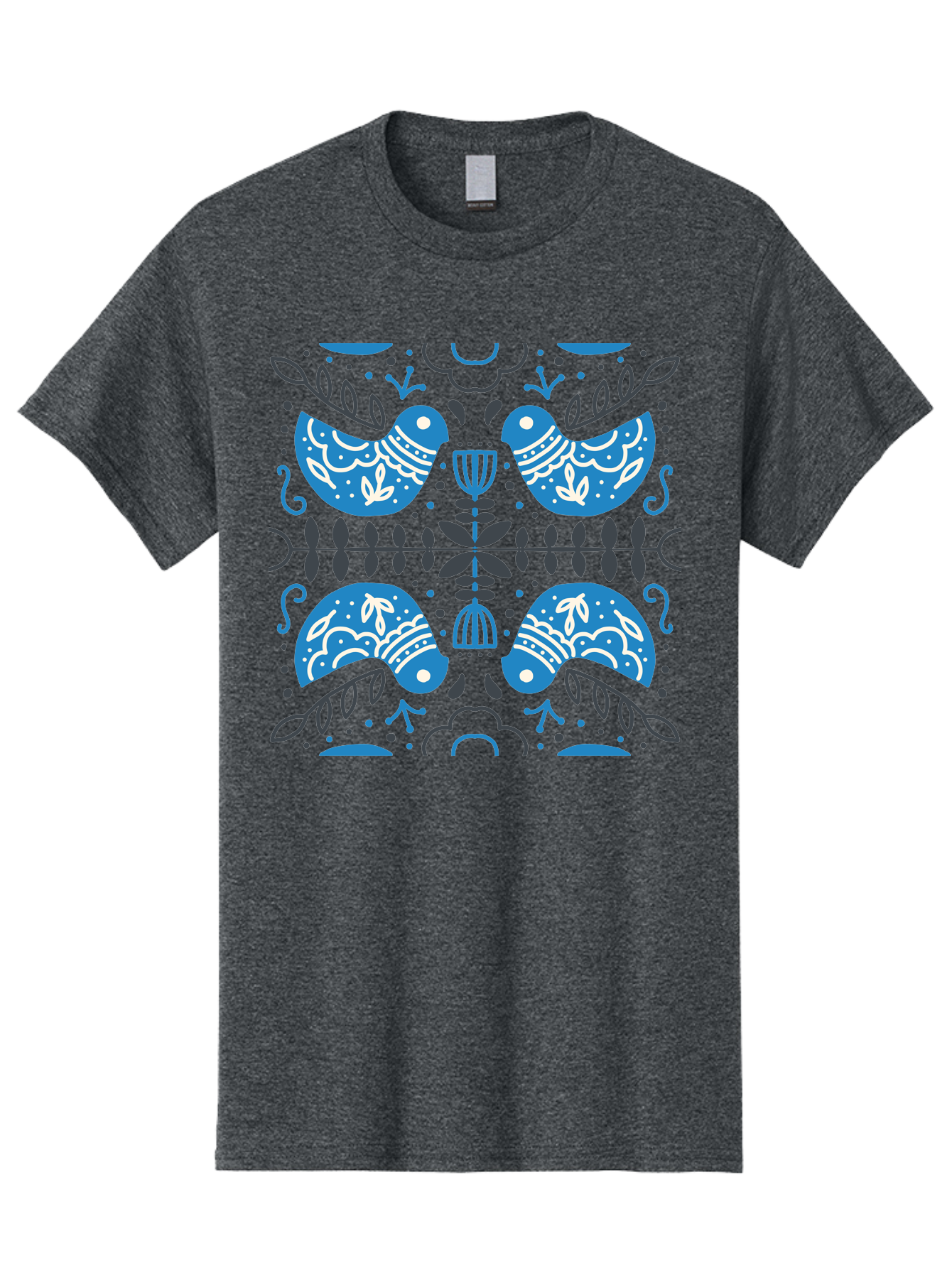 Blue-Birds Men'S Graphic Tee, 100% Cotton, Comfortable Casual Summer Wear, Machine Washable, Stylized Birds, Floral Patterns, Blue And White Illustrations, Leaf Motifs, Abstract Designs, Symmetrical Composition, Vintage Style, Folk Art Aab667