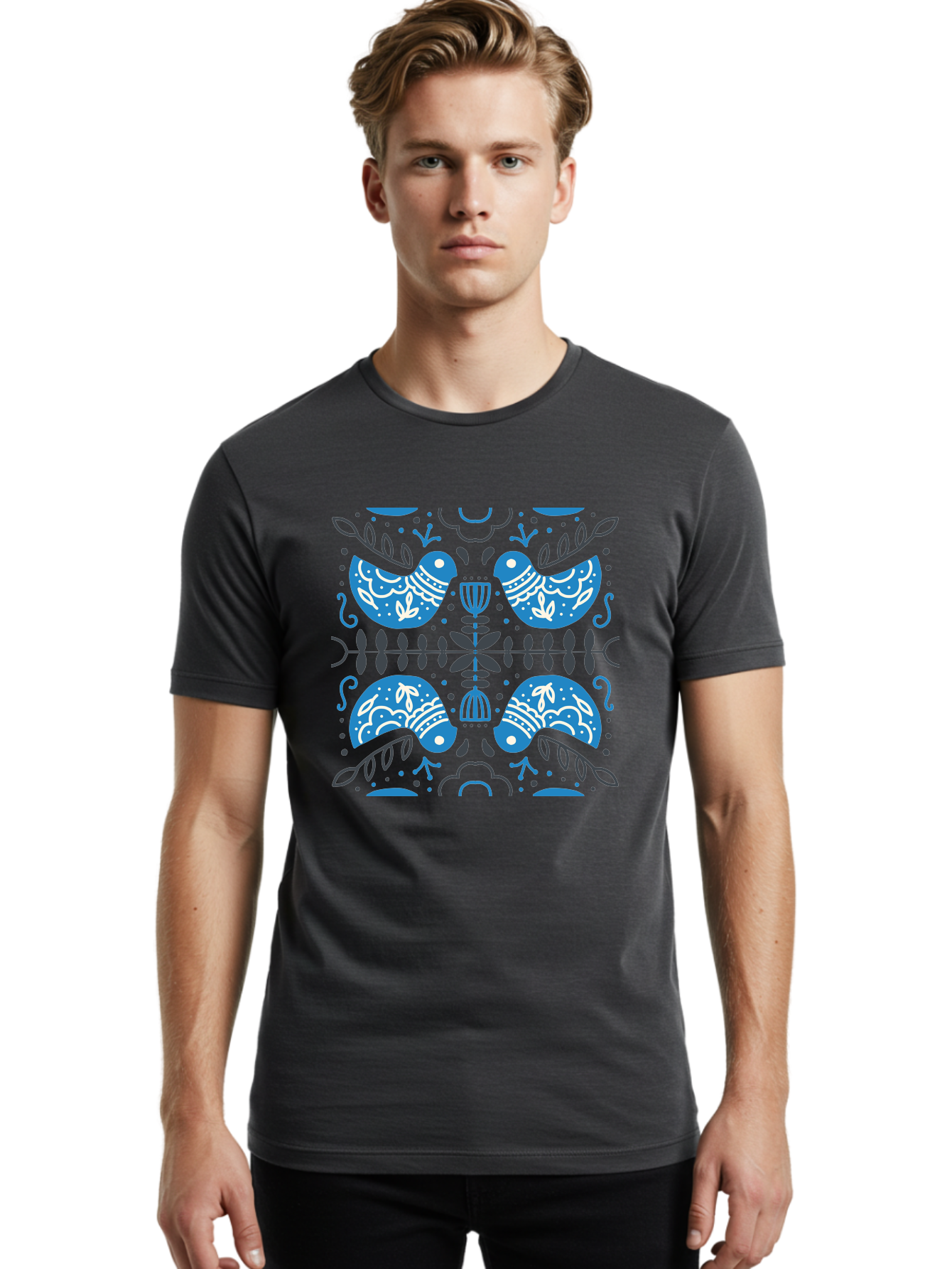 Blue-Birds Men'S Graphic Tee, 100% Cotton, Comfortable Casual Summer Wear, Machine Washable, Stylized Birds, Floral Patterns, Blue And White Illustrations, Leaf Motifs, Abstract Designs, Symmetrical Composition, Vintage Style, Folk Art Aab667
