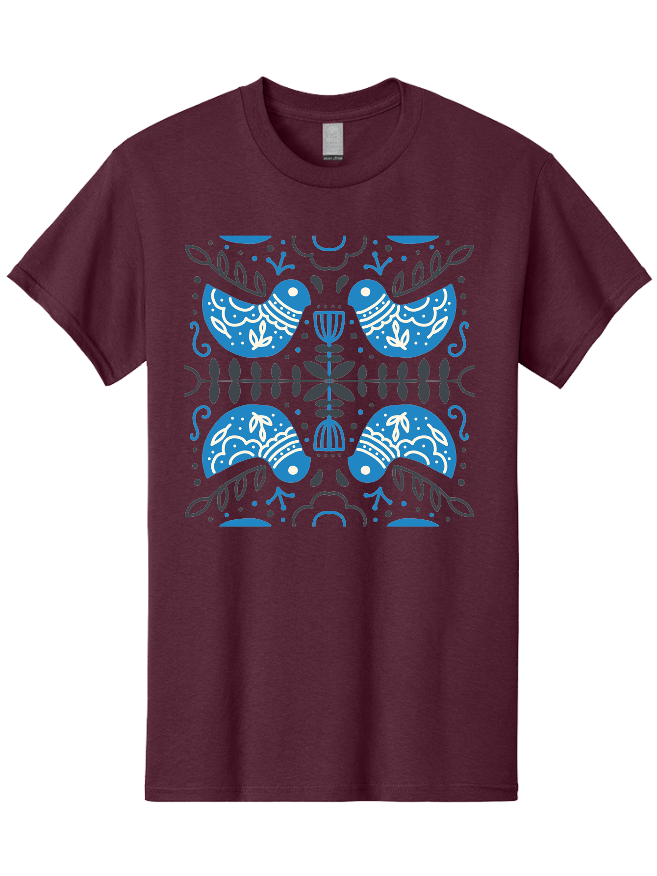 Blue-Birds Men'S Graphic Tee, 100% Cotton, Comfortable Casual Summer Wear, Machine Washable, Stylized Birds, Floral Patterns, Blue And White Illustrations, Leaf Motifs, Abstract Designs, Symmetrical Composition, Vintage Style, Folk Art Aab667