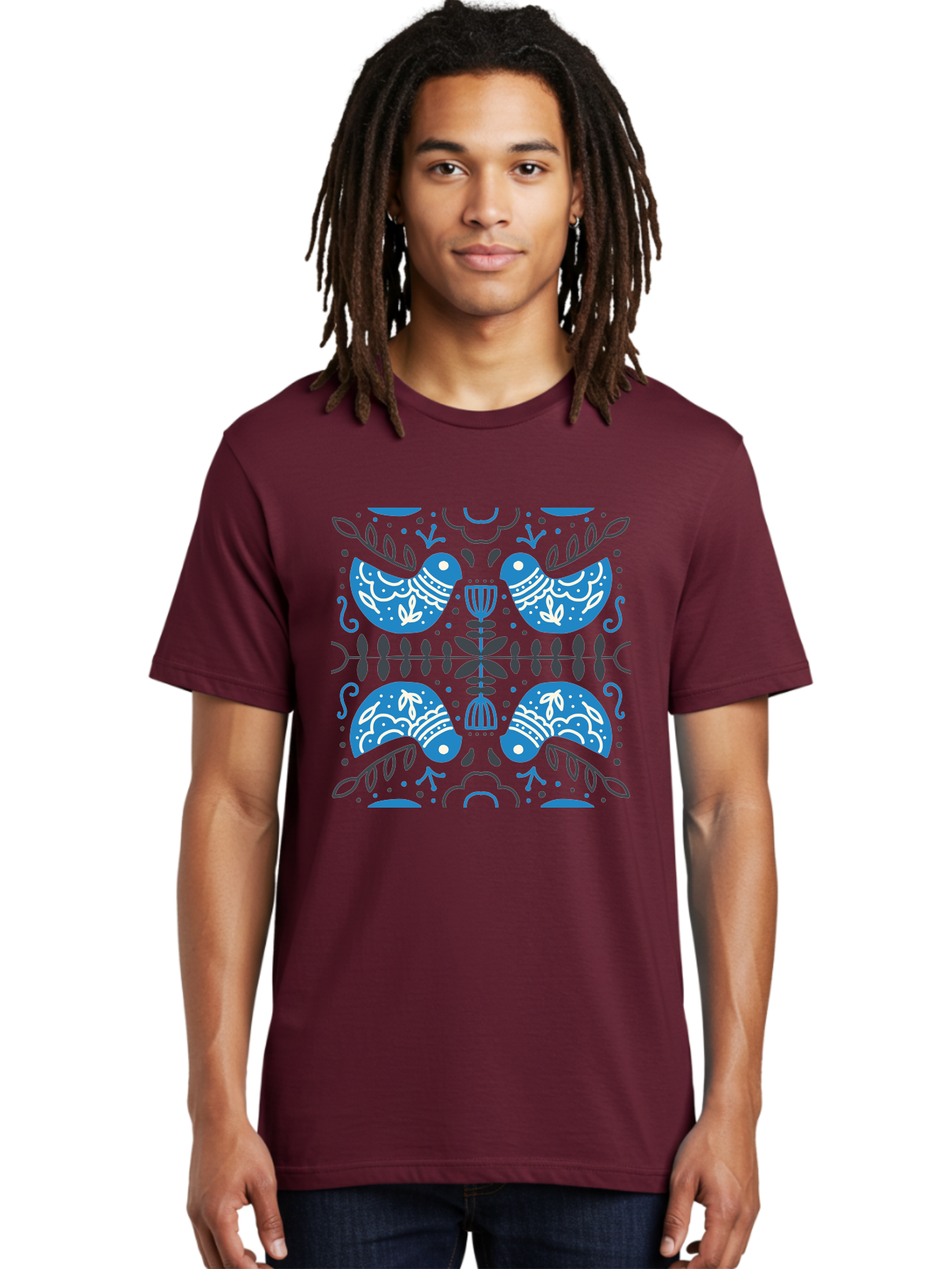 Blue-Birds Men'S Graphic Tee, 100% Cotton, Comfortable Casual Summer Wear, Machine Washable, Stylized Birds, Floral Patterns, Blue And White Illustrations, Leaf Motifs, Abstract Designs, Symmetrical Composition, Vintage Style, Folk Art Aab667