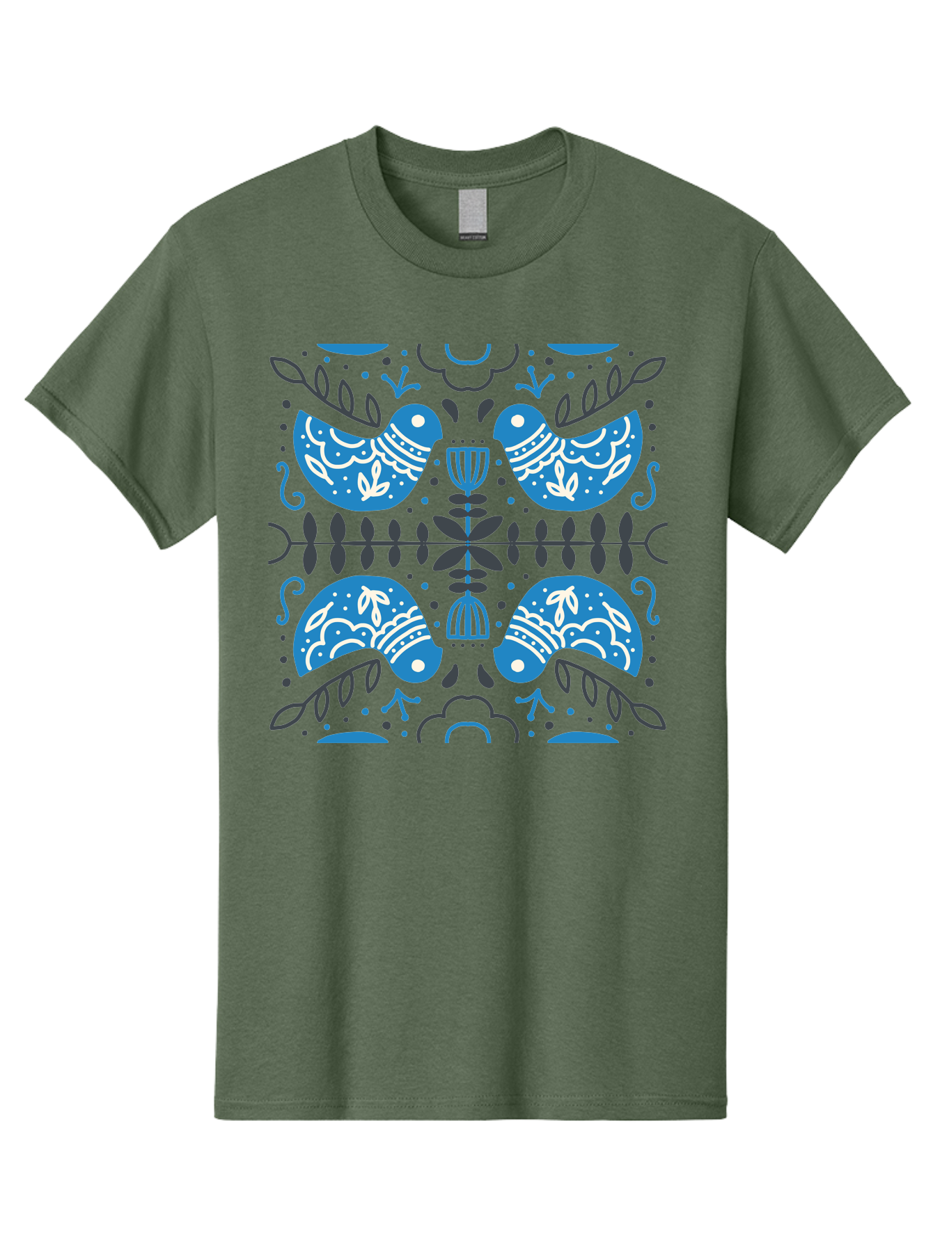 Blue-Birds Men'S Graphic Tee, 100% Cotton, Comfortable Casual Summer Wear, Machine Washable, Stylized Birds, Floral Patterns, Blue And White Illustrations, Leaf Motifs, Abstract Designs, Symmetrical Composition, Vintage Style, Folk Art Aab667