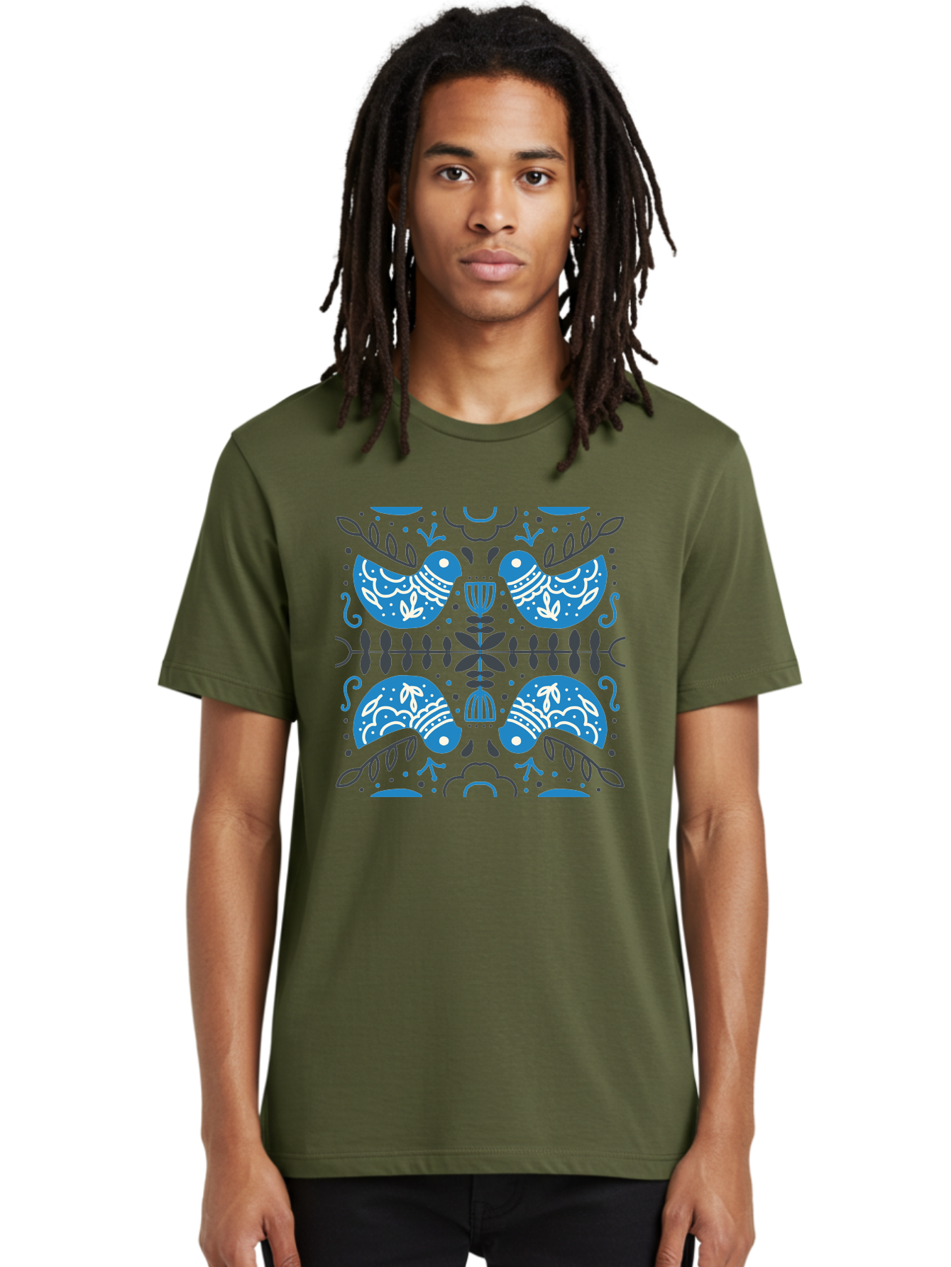Blue-Birds Men'S Graphic Tee, 100% Cotton, Comfortable Casual Summer Wear, Machine Washable, Stylized Birds, Floral Patterns, Blue And White Illustrations, Leaf Motifs, Abstract Designs, Symmetrical Composition, Vintage Style, Folk Art Aab667
