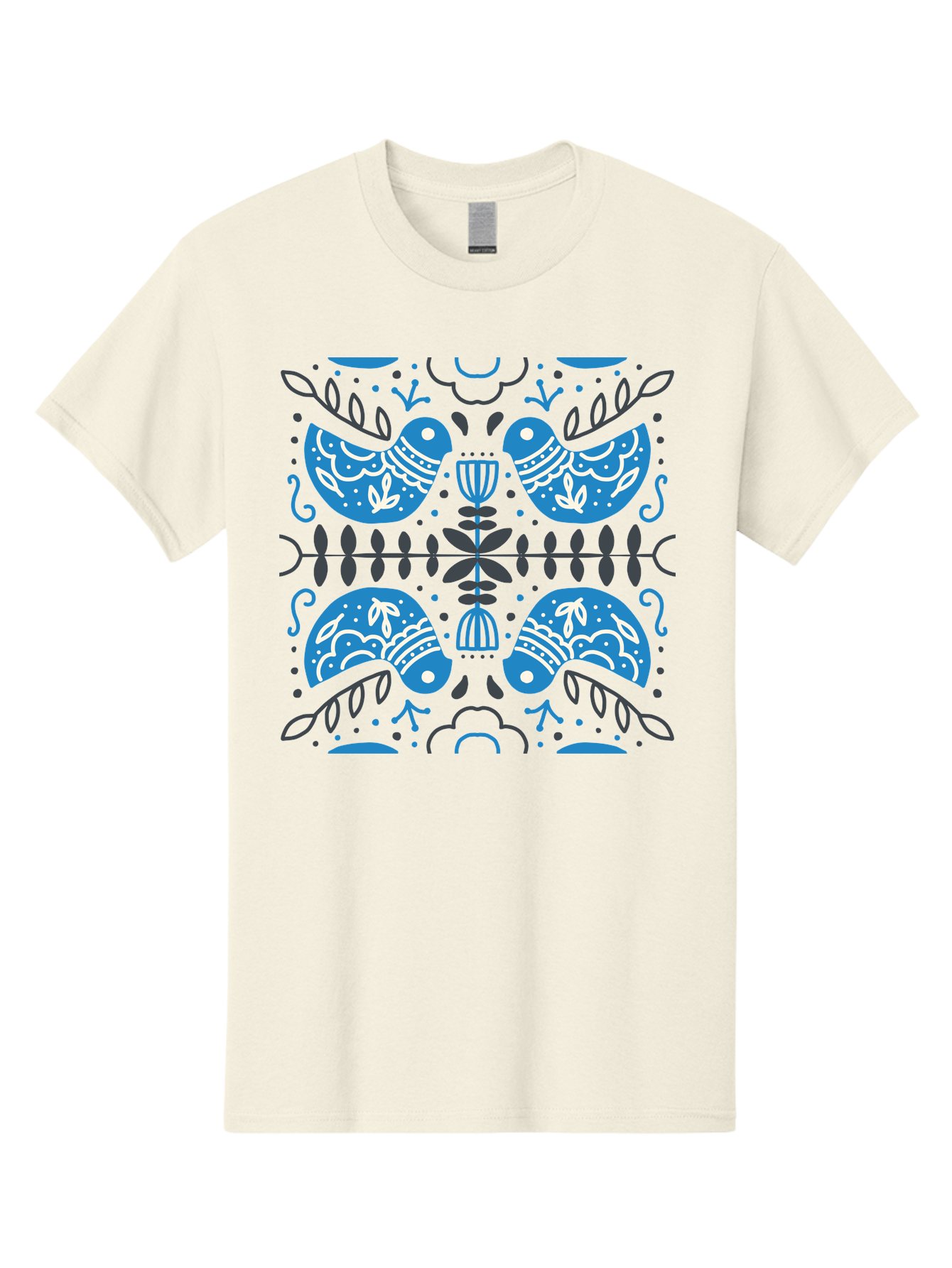 Blue-Birds Men'S Graphic Tee, 100% Cotton, Comfortable Casual Summer Wear, Machine Washable, Stylized Birds, Floral Patterns, Blue And White Illustrations, Leaf Motifs, Abstract Designs, Symmetrical Composition, Vintage Style, Folk Art Aab667