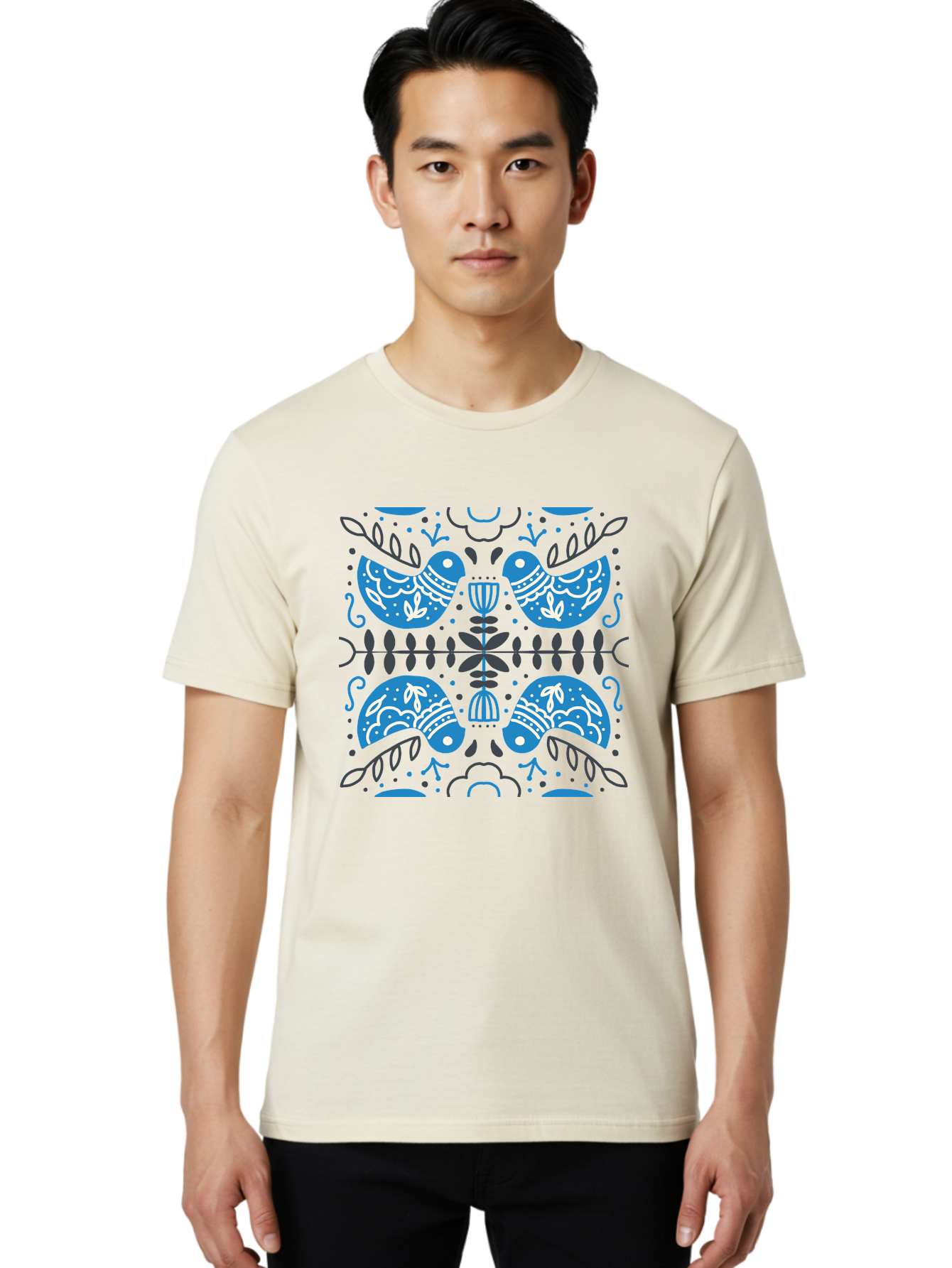 Blue-Birds Men'S Graphic Tee, 100% Cotton, Comfortable Casual Summer Wear, Machine Washable, Stylized Birds, Floral Patterns, Blue And White Illustrations, Leaf Motifs, Abstract Designs, Symmetrical Composition, Vintage Style, Folk Art Aab667