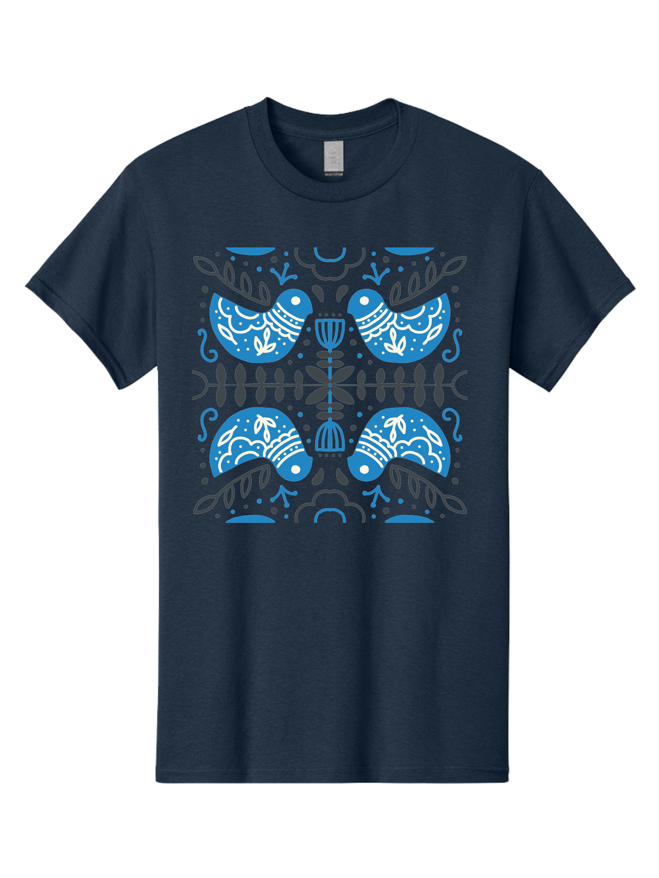 Blue-Birds Men'S Graphic Tee, 100% Cotton, Comfortable Casual Summer Wear, Machine Washable, Stylized Birds, Floral Patterns, Blue And White Illustrations, Leaf Motifs, Abstract Designs, Symmetrical Composition, Vintage Style, Folk Art Aab667
