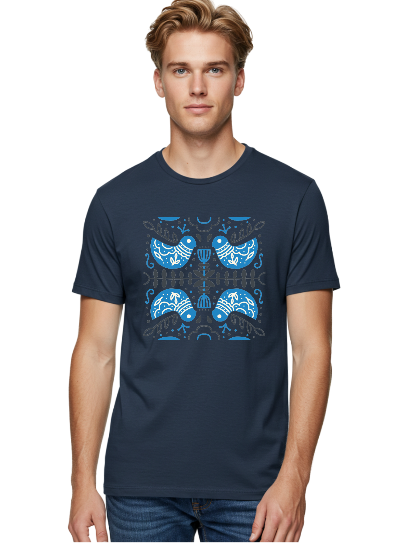 Blue-Birds Men'S Graphic Tee, 100% Cotton, Comfortable Casual Summer Wear, Machine Washable, Stylized Birds, Floral Patterns, Blue And White Illustrations, Leaf Motifs, Abstract Designs, Symmetrical Composition, Vintage Style, Folk Art Aab667