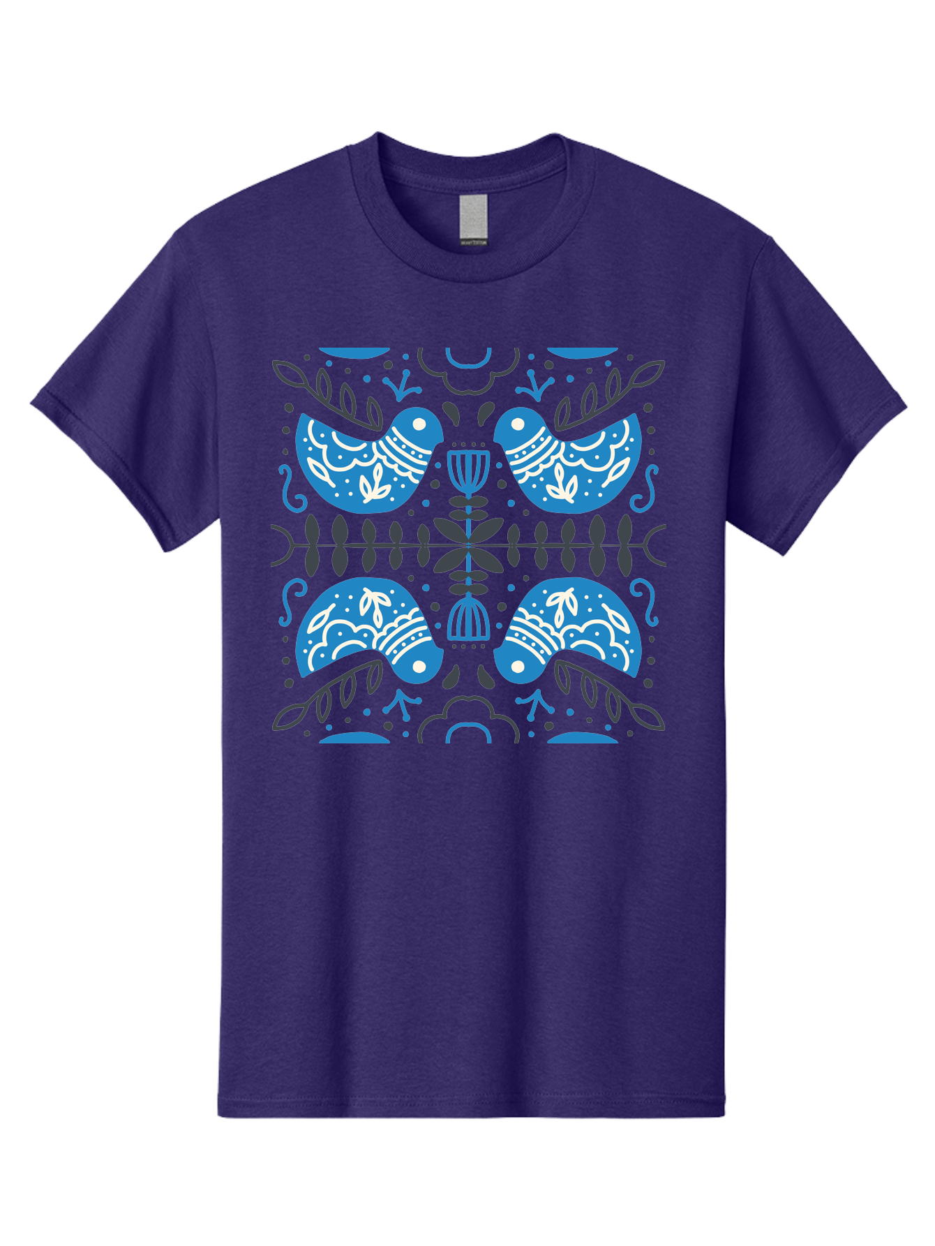 Blue-Birds Men'S Graphic Tee, 100% Cotton, Comfortable Casual Summer Wear, Machine Washable, Stylized Birds, Floral Patterns, Blue And White Illustrations, Leaf Motifs, Abstract Designs, Symmetrical Composition, Vintage Style, Folk Art Aab667