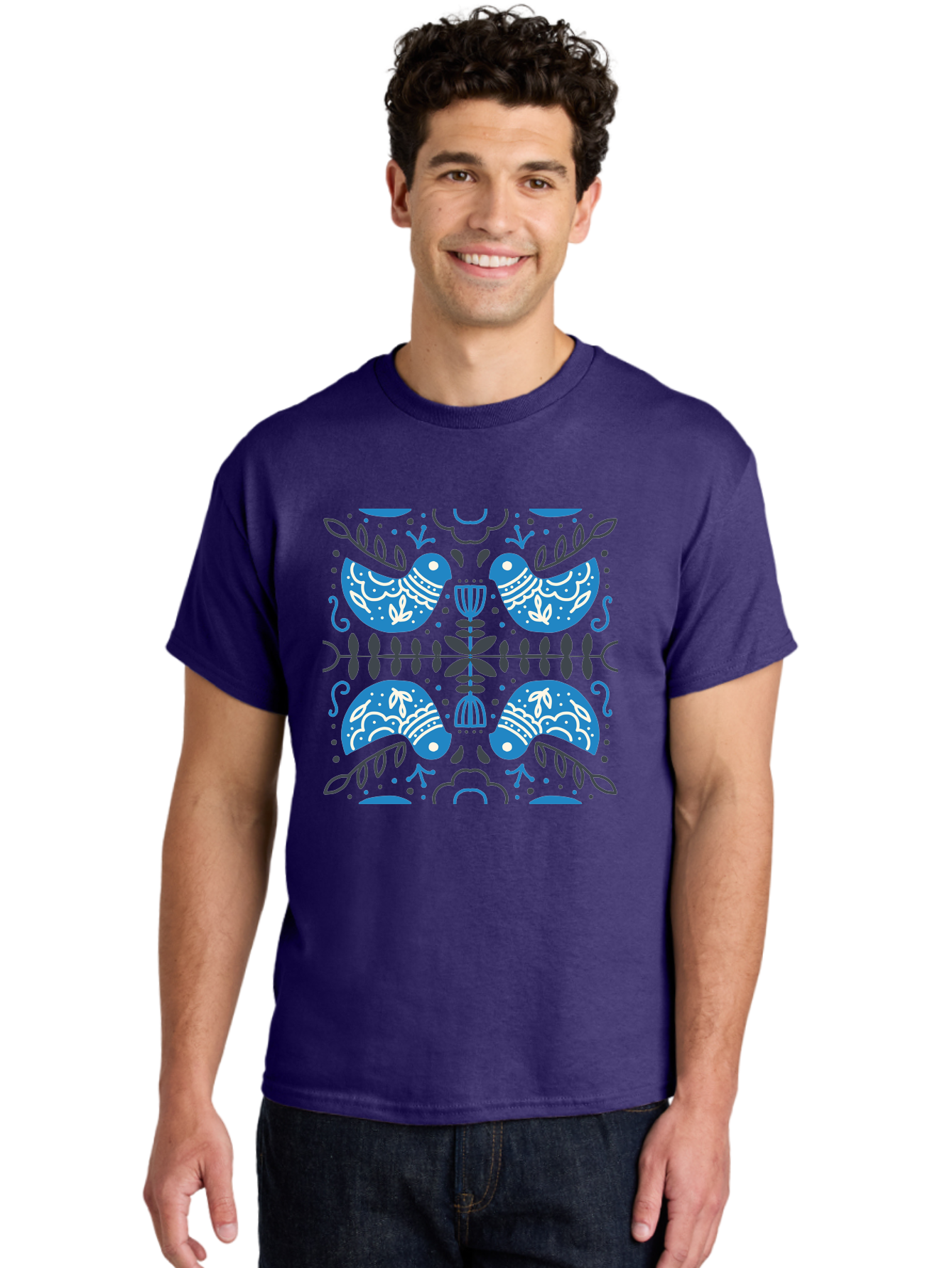 Blue-Birds Men'S Graphic Tee, 100% Cotton, Comfortable Casual Summer Wear, Machine Washable, Stylized Birds, Floral Patterns, Blue And White Illustrations, Leaf Motifs, Abstract Designs, Symmetrical Composition, Vintage Style, Folk Art Aab667