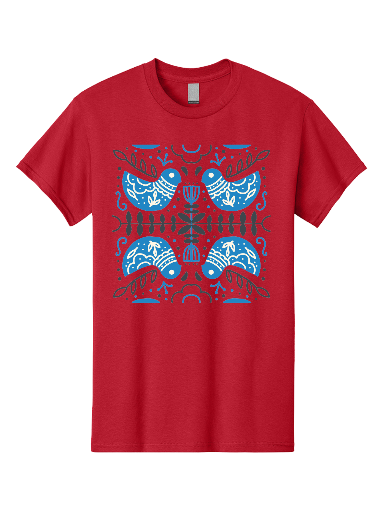 Blue-Birds Men'S Graphic Tee, 100% Cotton, Comfortable Casual Summer Wear, Machine Washable, Stylized Birds, Floral Patterns, Blue And White Illustrations, Leaf Motifs, Abstract Designs, Symmetrical Composition, Vintage Style, Folk Art Aab667