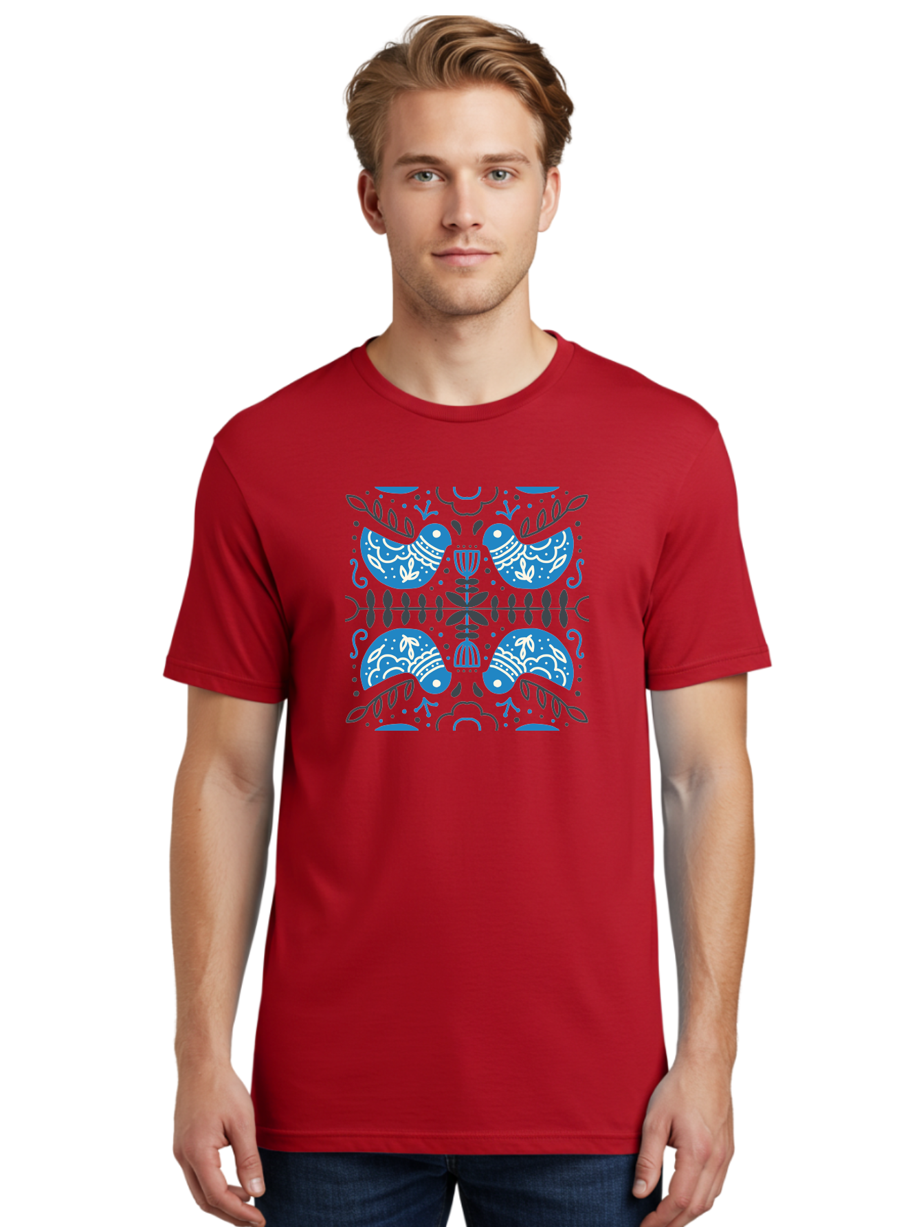 Blue-Birds Men'S Graphic Tee, 100% Cotton, Comfortable Casual Summer Wear, Machine Washable, Stylized Birds, Floral Patterns, Blue And White Illustrations, Leaf Motifs, Abstract Designs, Symmetrical Composition, Vintage Style, Folk Art Aab667