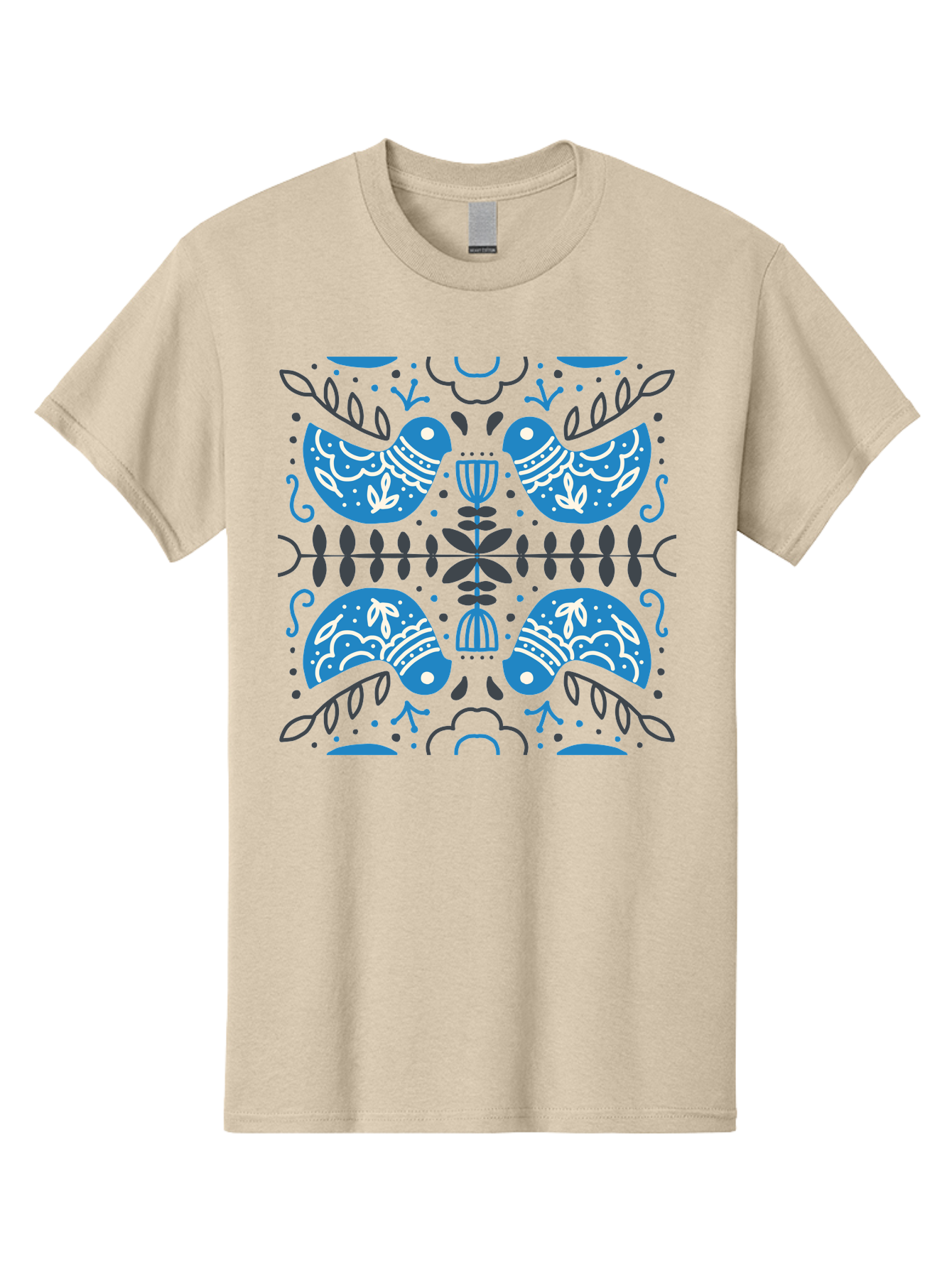 Blue-Birds Men'S Graphic Tee, 100% Cotton, Comfortable Casual Summer Wear, Machine Washable, Stylized Birds, Floral Patterns, Blue And White Illustrations, Leaf Motifs, Abstract Designs, Symmetrical Composition, Vintage Style, Folk Art Aab667