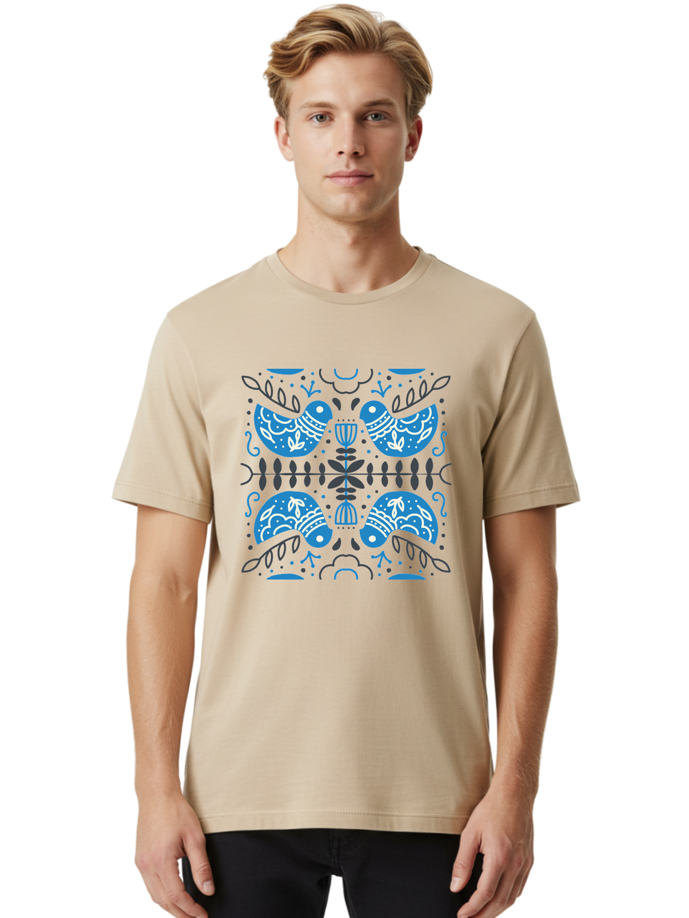 Blue-Birds Men'S Graphic Tee, 100% Cotton, Comfortable Casual Summer Wear, Machine Washable, Stylized Birds, Floral Patterns, Blue And White Illustrations, Leaf Motifs, Abstract Designs, Symmetrical Composition, Vintage Style, Folk Art Aab667
