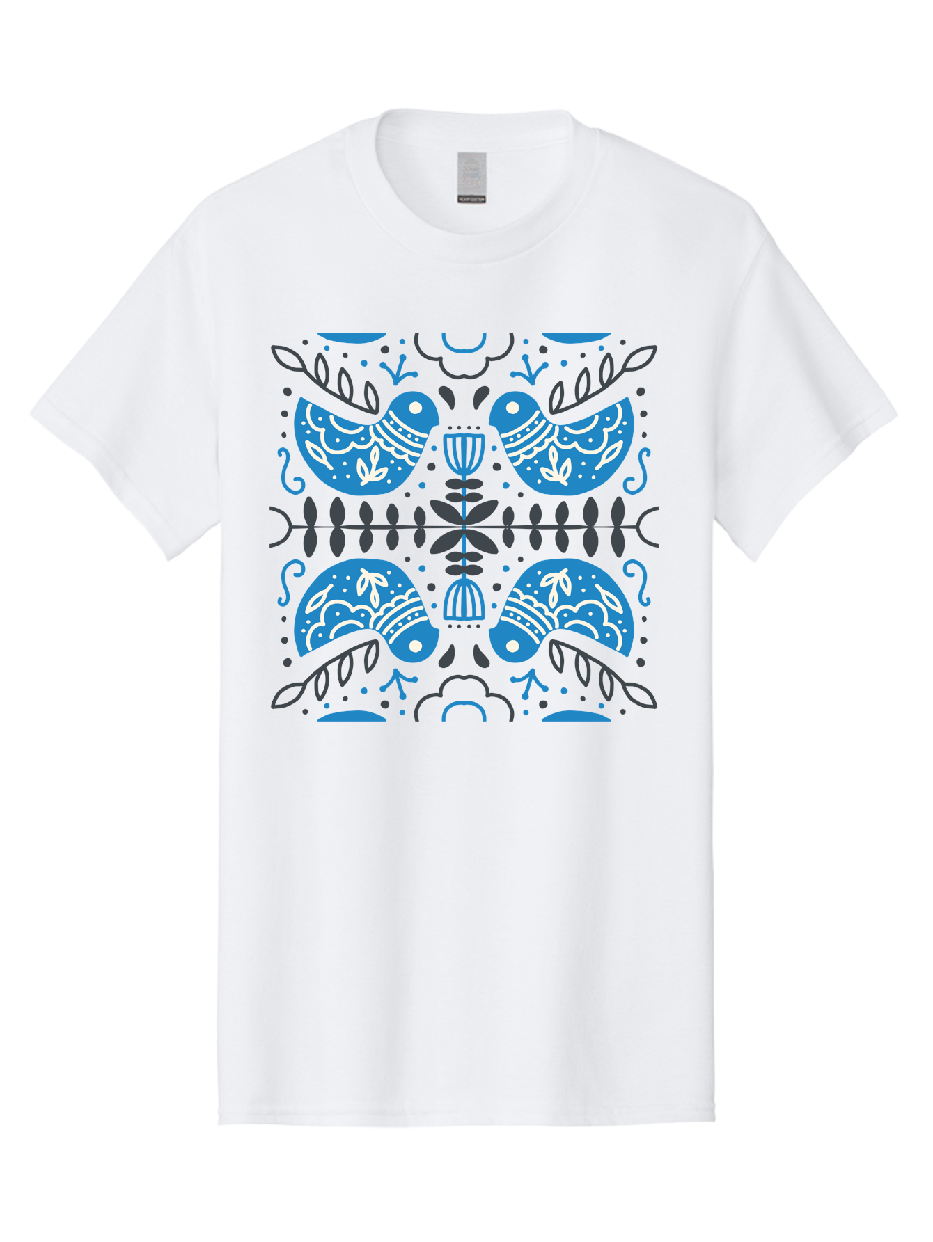 Blue-Birds Men'S Graphic Tee, 100% Cotton, Comfortable Casual Summer Wear, Machine Washable, Stylized Birds, Floral Patterns, Blue And White Illustrations, Leaf Motifs, Abstract Designs, Symmetrical Composition, Vintage Style, Folk Art Aab667