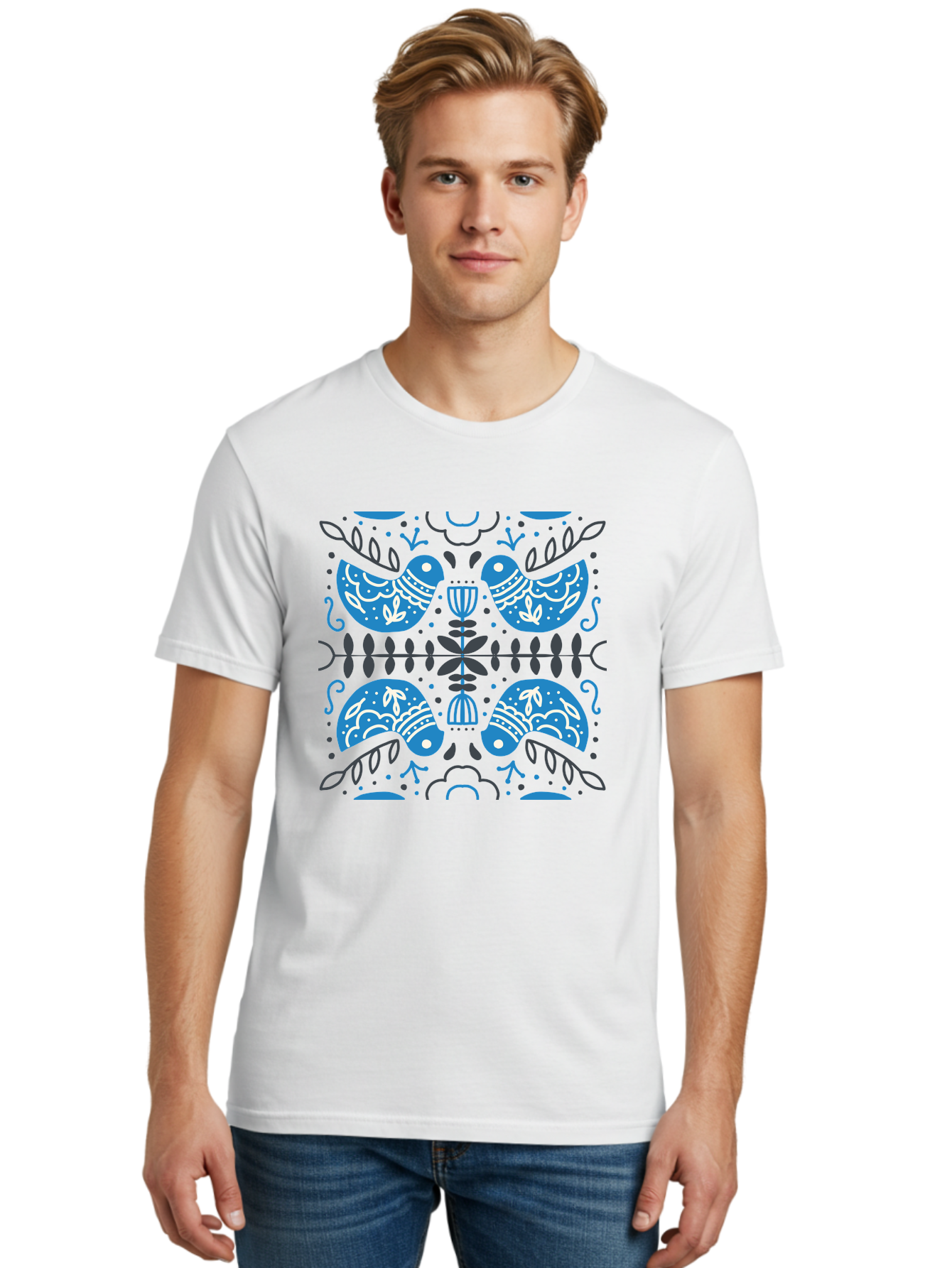 Blue-Birds Men'S Graphic Tee, 100% Cotton, Comfortable Casual Summer Wear, Machine Washable, Stylized Birds, Floral Patterns, Blue And White Illustrations, Leaf Motifs, Abstract Designs, Symmetrical Composition, Vintage Style, Folk Art Aab667
