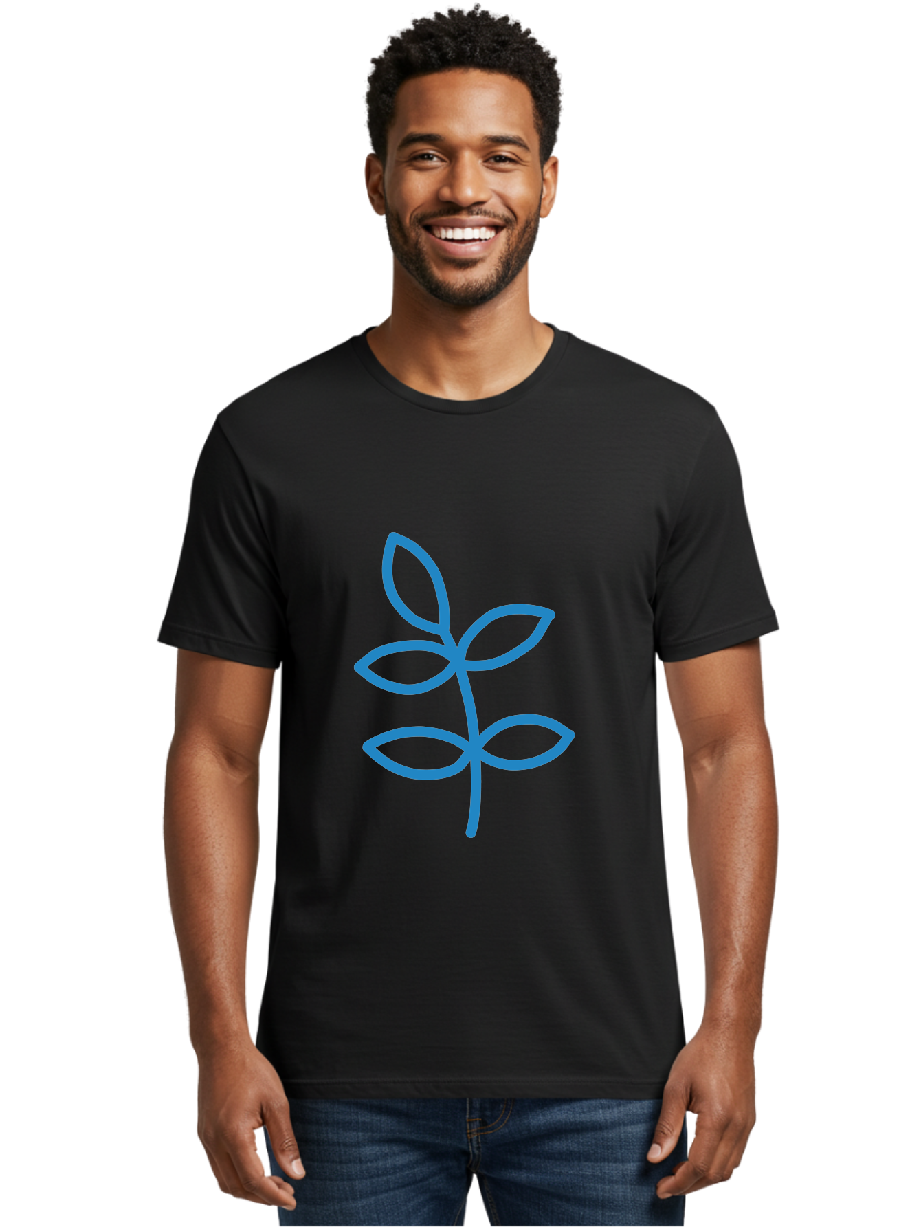 Blue-Leafy-Stem Men'S Graphic Tee, 100% Cotton, Comfortable Casual Summer Wear, Machine Washable, Simple Drawing, Blue Sprout, Five Leaves, Stem, Minimalist Design, Botanical Illustration, Hand-Drawn Art, Digital Art Aab669