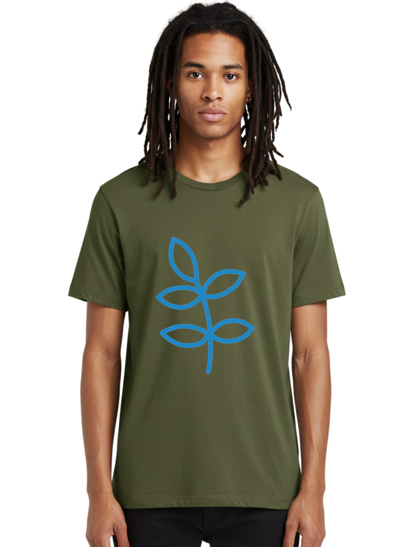 Blue-Leafy-Stem Men'S Graphic Tee, 100% Cotton, Comfortable Casual Summer Wear, Machine Washable, Simple Drawing, Blue Sprout, Five Leaves, Stem, Minimalist Design, Botanical Illustration, Hand-Drawn Art, Digital Art Aab669