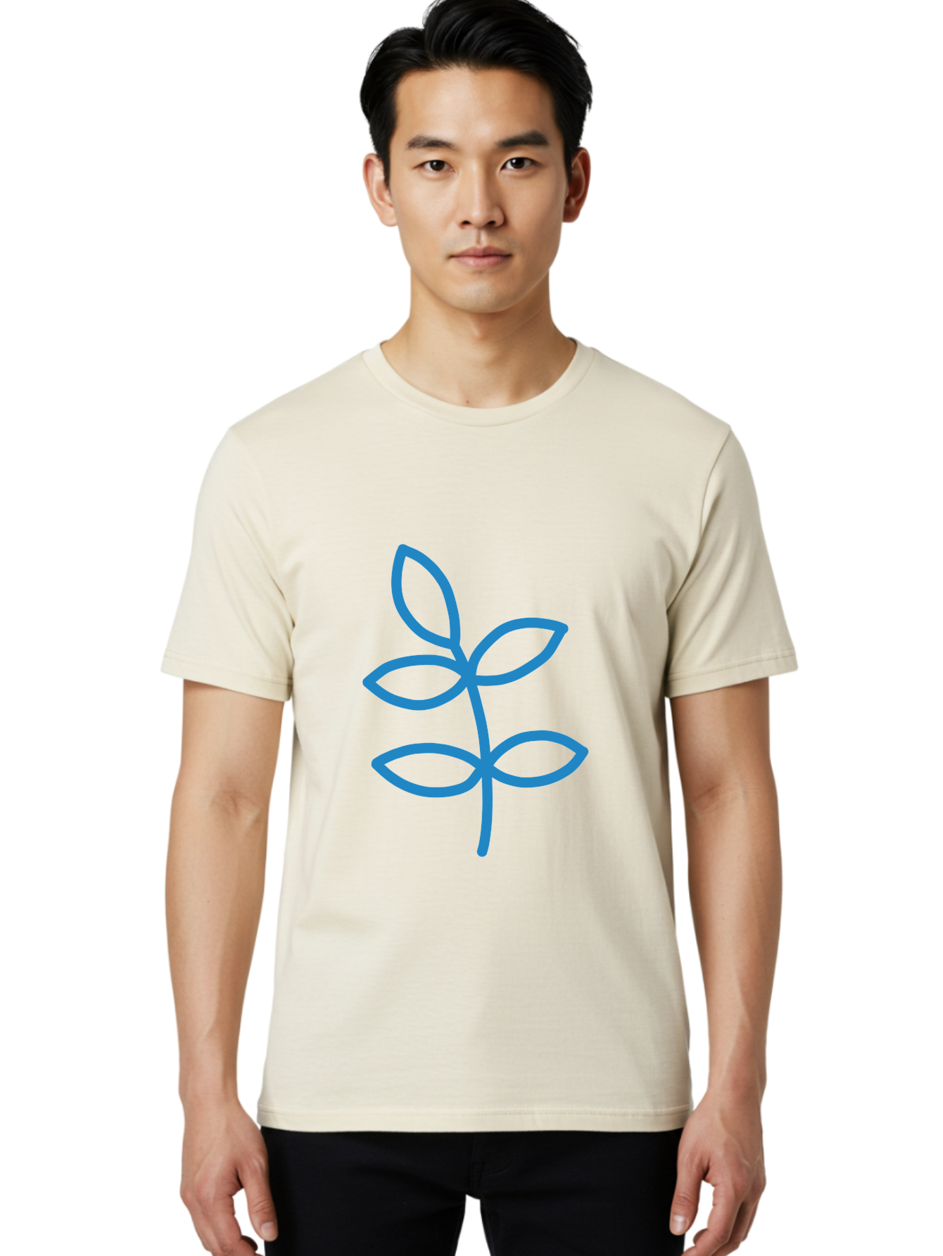 Blue-Leafy-Stem Men'S Graphic Tee, 100% Cotton, Comfortable Casual Summer Wear, Machine Washable, Simple Drawing, Blue Sprout, Five Leaves, Stem, Minimalist Design, Botanical Illustration, Hand-Drawn Art, Digital Art Aab669