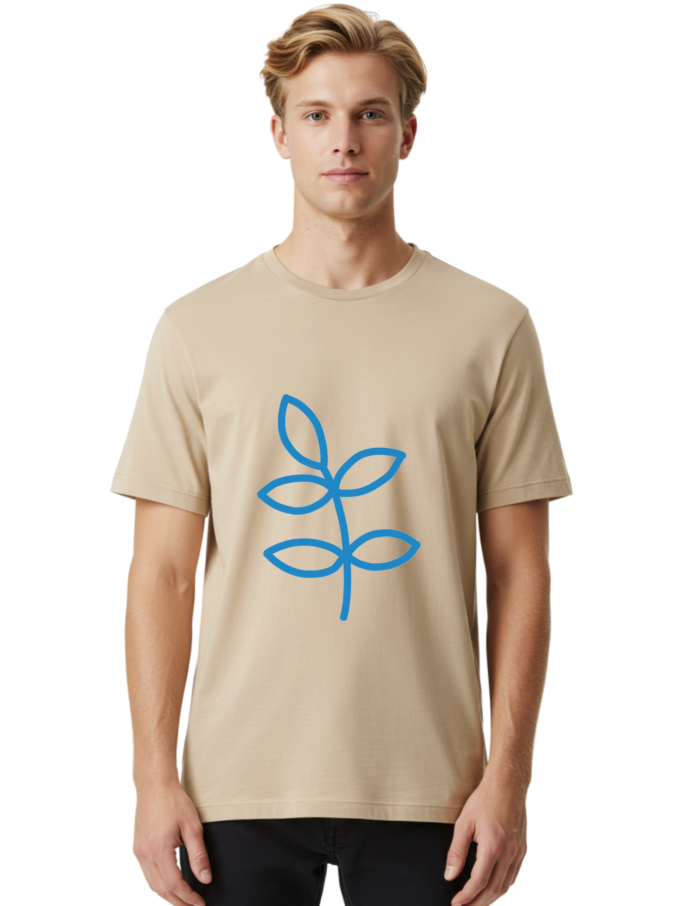 Blue-Leafy-Stem Men'S Graphic Tee, 100% Cotton, Comfortable Casual Summer Wear, Machine Washable, Simple Drawing, Blue Sprout, Five Leaves, Stem, Minimalist Design, Botanical Illustration, Hand-Drawn Art, Digital Art Aab669