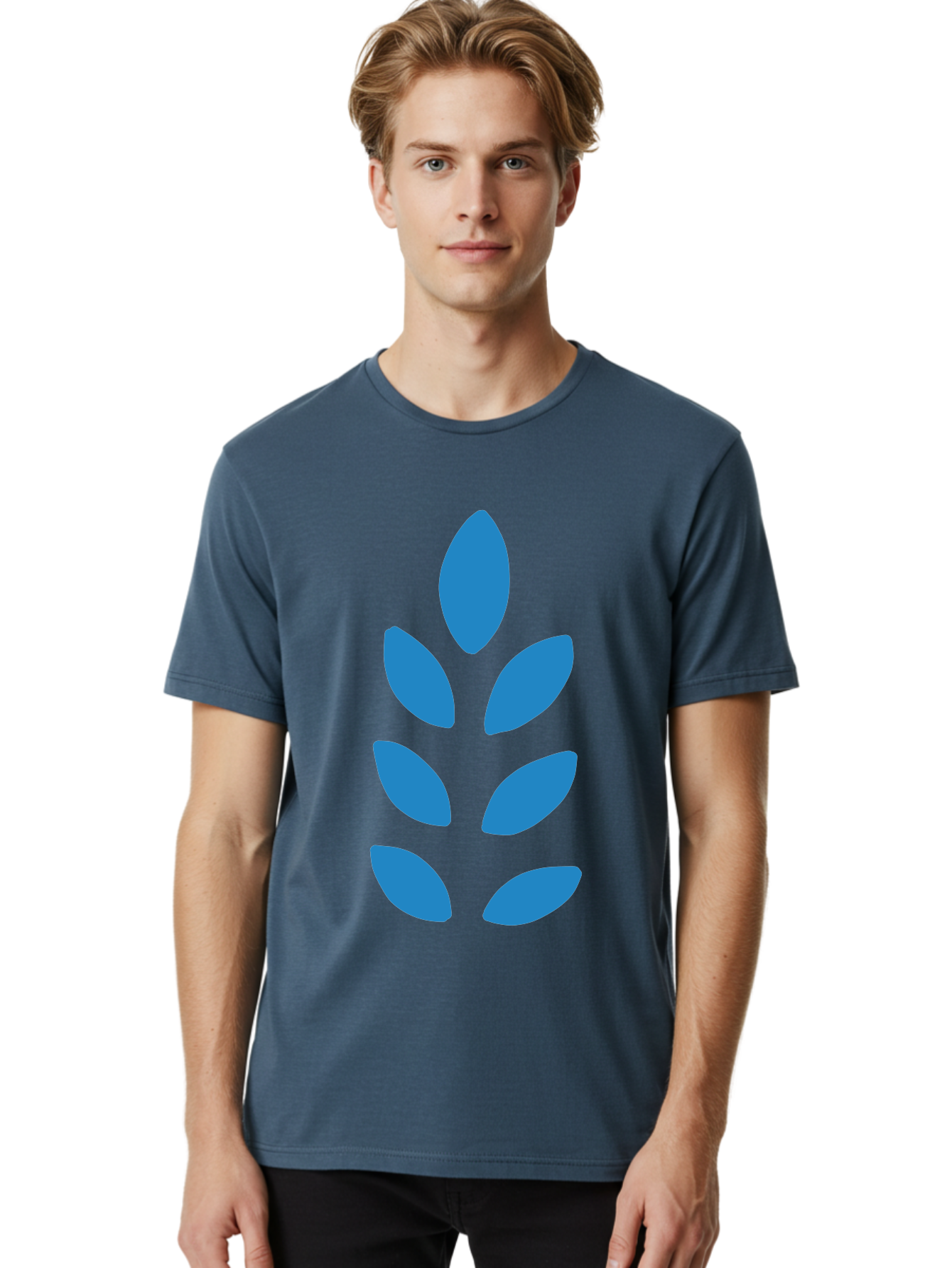 Blue-Leaves Men'S Graphic Tee, 100% Cotton, Comfortable Casual Summer Wear, Machine Washable, Blue Leaves, Simple Design, Minimalist Art, Stylized Foliage, Graphic Element, Abstract Shape, Modern Illustration Aab670