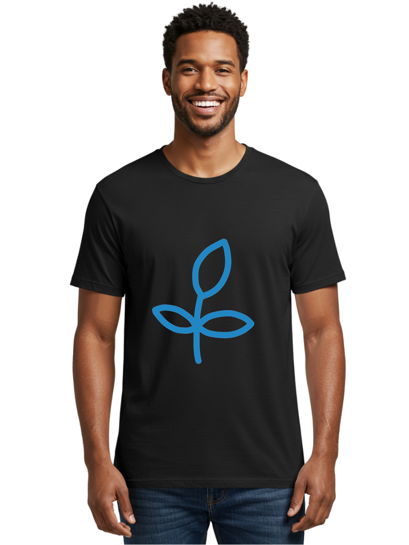 Blue-Plant Men'S Graphic Tee, 100% Cotton, Comfortable Casual Summer Wear, Machine Washable, Simple Plant Illustration, Blue Outline, Minimalist Design, Childlike Artwork, Hand-Drawn Imagery, Floral Motif, Stylized Leaves Aab671