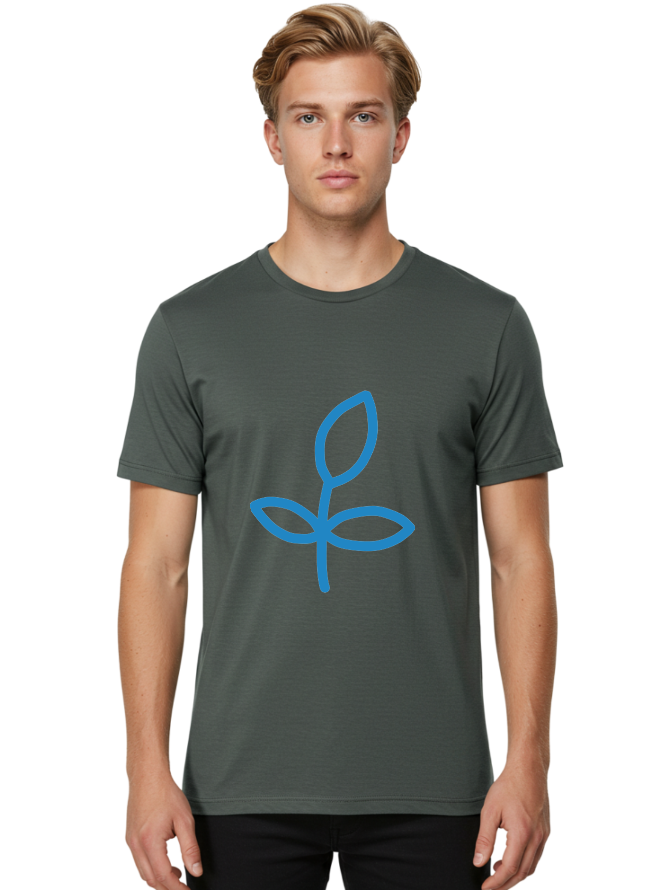 Blue-Plant Men'S Graphic Tee, 100% Cotton, Comfortable Casual Summer Wear, Machine Washable, Simple Plant Illustration, Blue Outline, Minimalist Design, Childlike Artwork, Hand-Drawn Imagery, Floral Motif, Stylized Leaves Aab671
