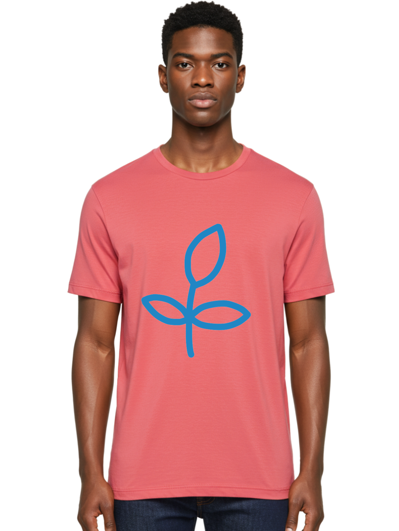 Blue-Plant Men'S Graphic Tee, 100% Cotton, Comfortable Casual Summer Wear, Machine Washable, Simple Plant Illustration, Blue Outline, Minimalist Design, Childlike Artwork, Hand-Drawn Imagery, Floral Motif, Stylized Leaves Aab671