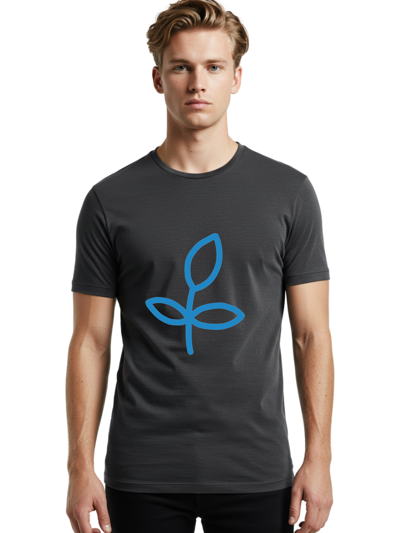 Blue-Plant Men'S Graphic Tee, 100% Cotton, Comfortable Casual Summer Wear, Machine Washable, Simple Plant Illustration, Blue Outline, Minimalist Design, Childlike Artwork, Hand-Drawn Imagery, Floral Motif, Stylized Leaves Aab671