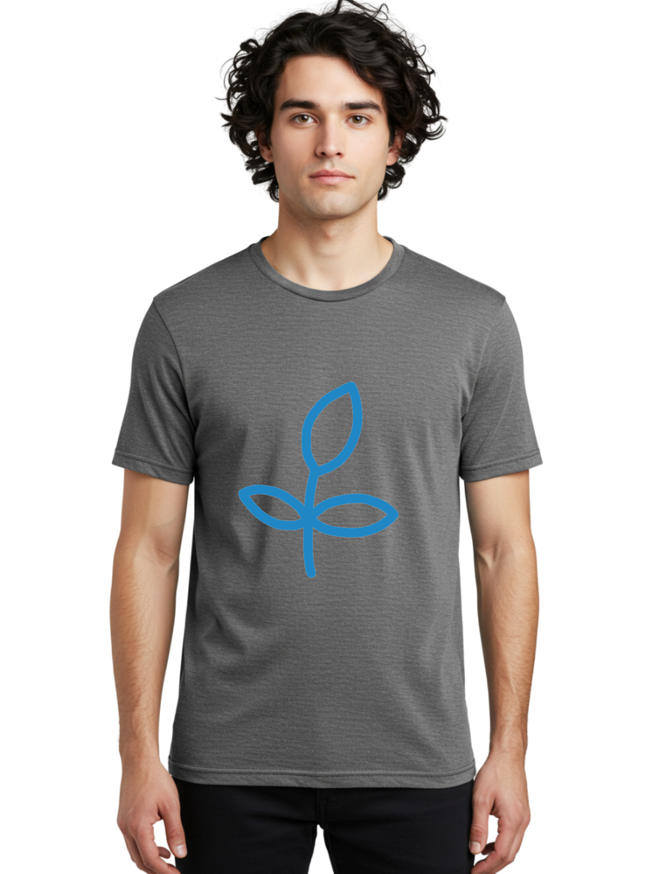 Blue-Plant Men'S Graphic Tee, 100% Cotton, Comfortable Casual Summer Wear, Machine Washable, Simple Plant Illustration, Blue Outline, Minimalist Design, Childlike Artwork, Hand-Drawn Imagery, Floral Motif, Stylized Leaves Aab671