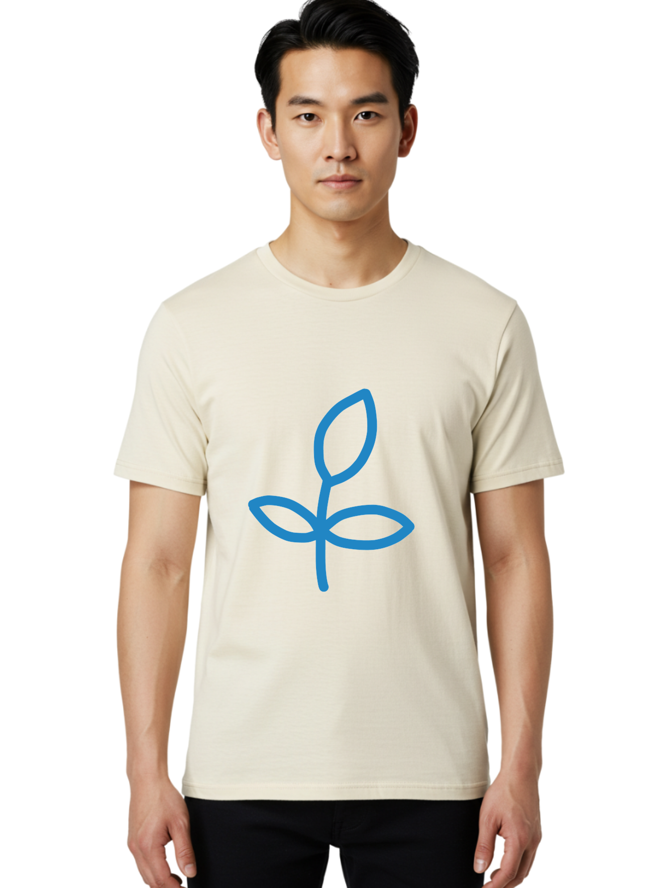 Blue-Plant Men'S Graphic Tee, 100% Cotton, Comfortable Casual Summer Wear, Machine Washable, Simple Plant Illustration, Blue Outline, Minimalist Design, Childlike Artwork, Hand-Drawn Imagery, Floral Motif, Stylized Leaves Aab671