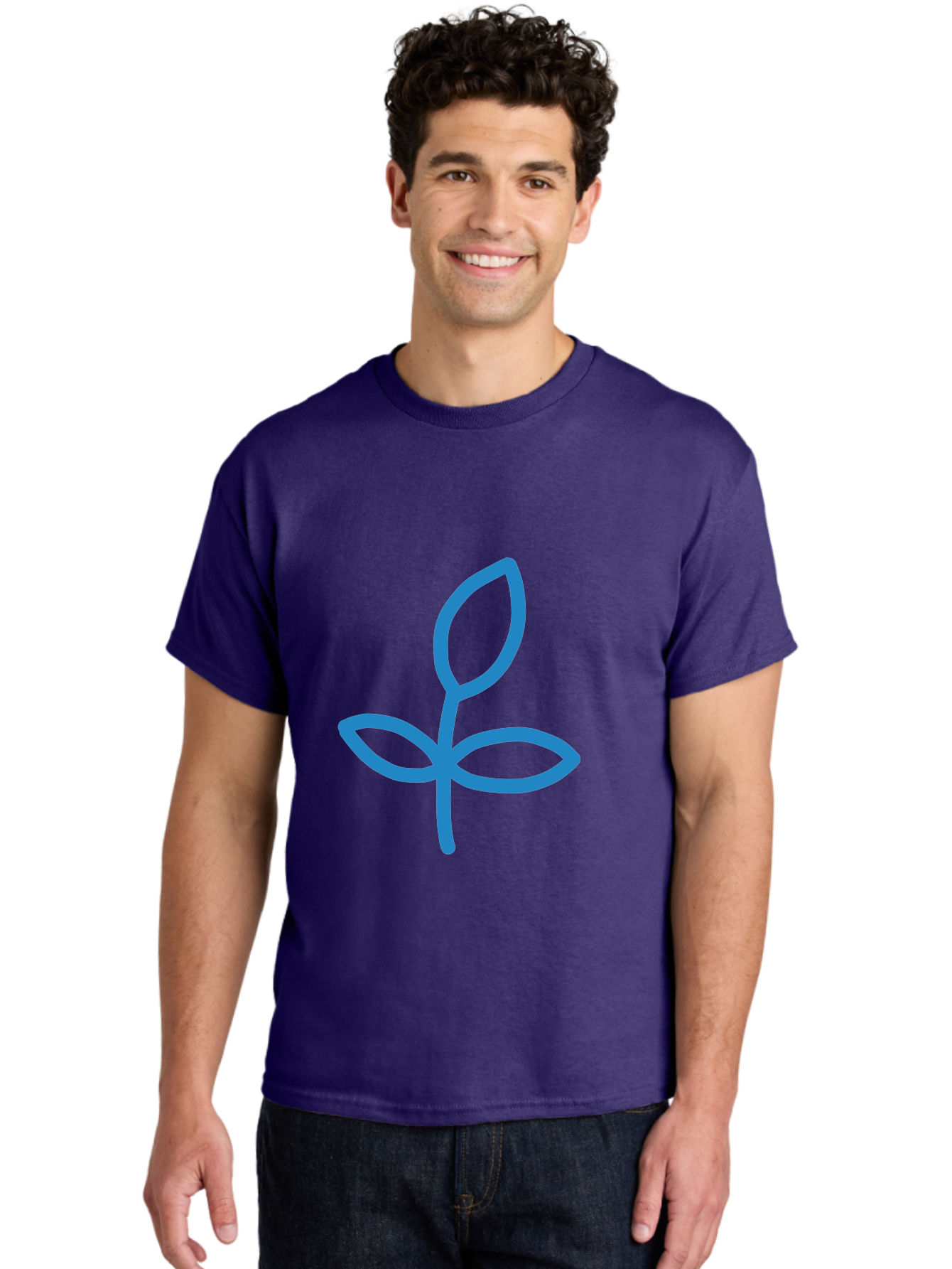 Blue-Plant Men'S Graphic Tee, 100% Cotton, Comfortable Casual Summer Wear, Machine Washable, Simple Plant Illustration, Blue Outline, Minimalist Design, Childlike Artwork, Hand-Drawn Imagery, Floral Motif, Stylized Leaves Aab671