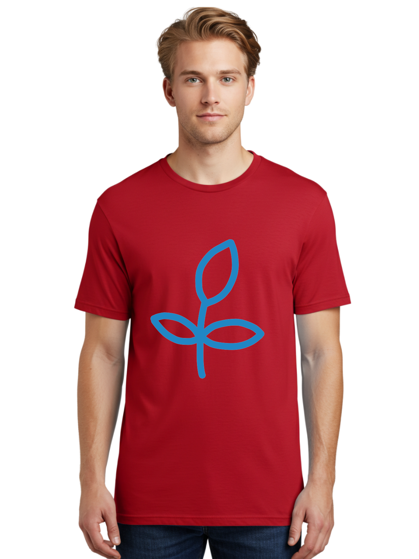 Blue-Plant Men'S Graphic Tee, 100% Cotton, Comfortable Casual Summer Wear, Machine Washable, Simple Plant Illustration, Blue Outline, Minimalist Design, Childlike Artwork, Hand-Drawn Imagery, Floral Motif, Stylized Leaves Aab671