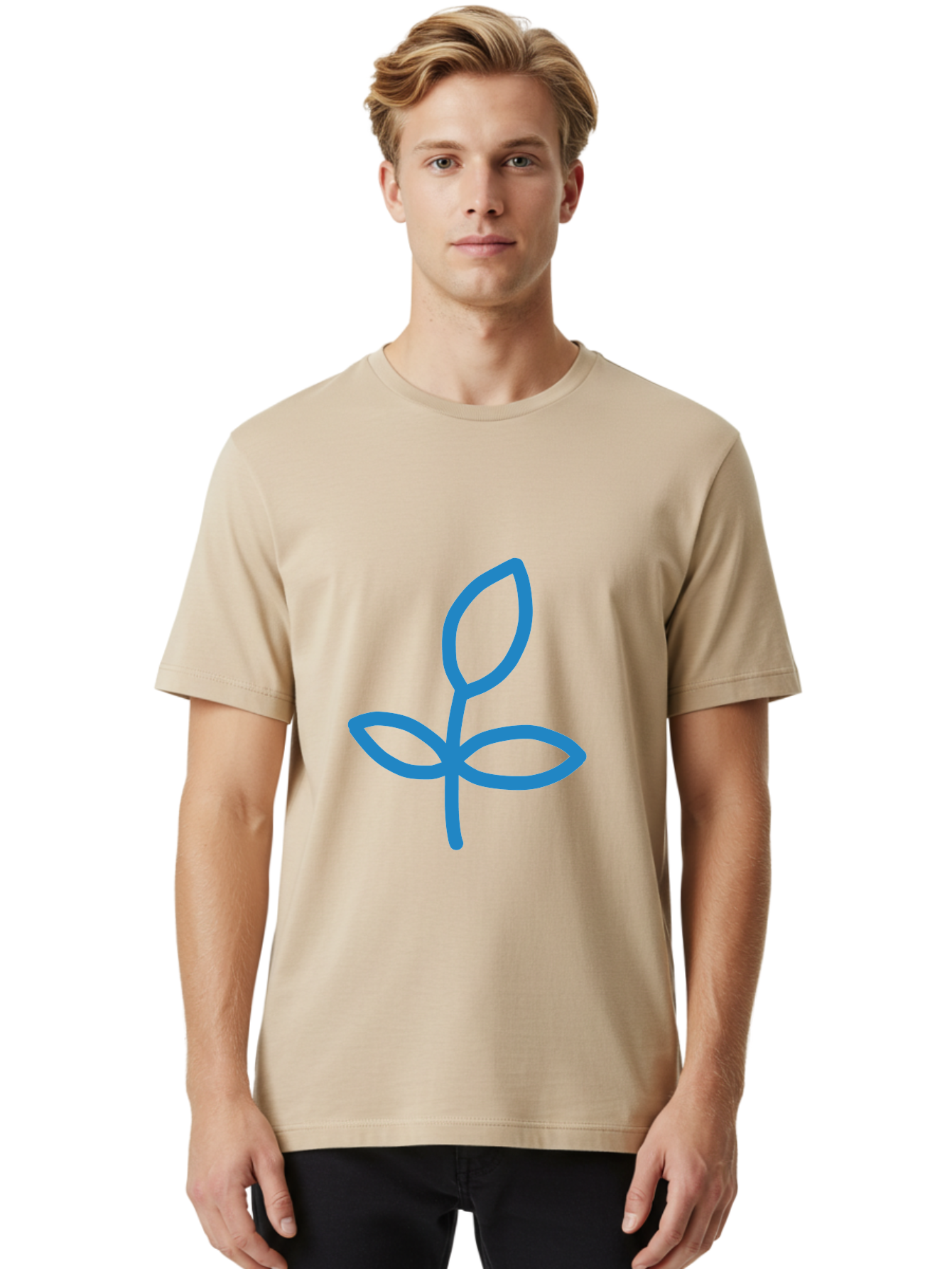 Blue-Plant Men'S Graphic Tee, 100% Cotton, Comfortable Casual Summer Wear, Machine Washable, Simple Plant Illustration, Blue Outline, Minimalist Design, Childlike Artwork, Hand-Drawn Imagery, Floral Motif, Stylized Leaves Aab671