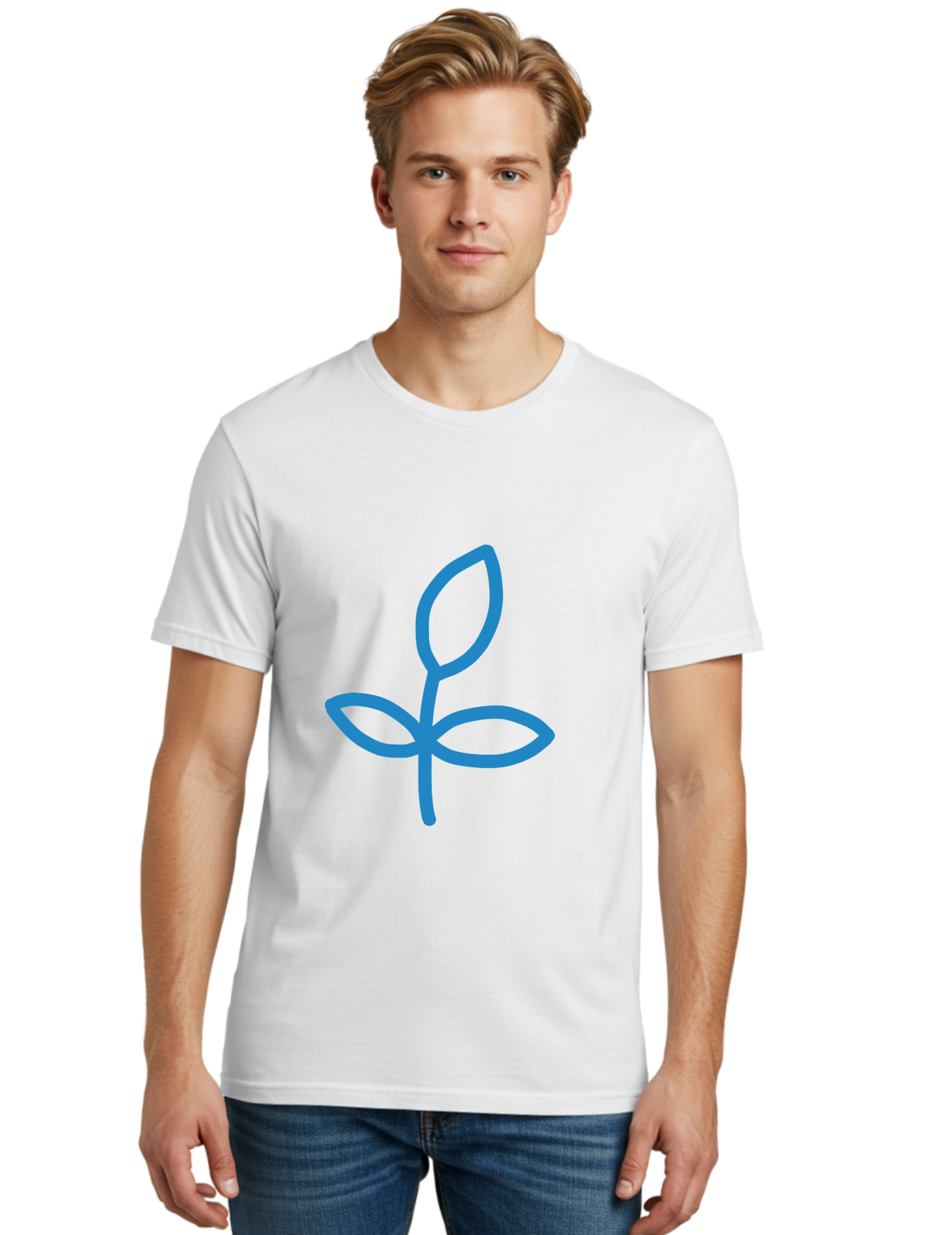 Blue-Plant Men'S Graphic Tee, 100% Cotton, Comfortable Casual Summer Wear, Machine Washable, Simple Plant Illustration, Blue Outline, Minimalist Design, Childlike Artwork, Hand-Drawn Imagery, Floral Motif, Stylized Leaves Aab671