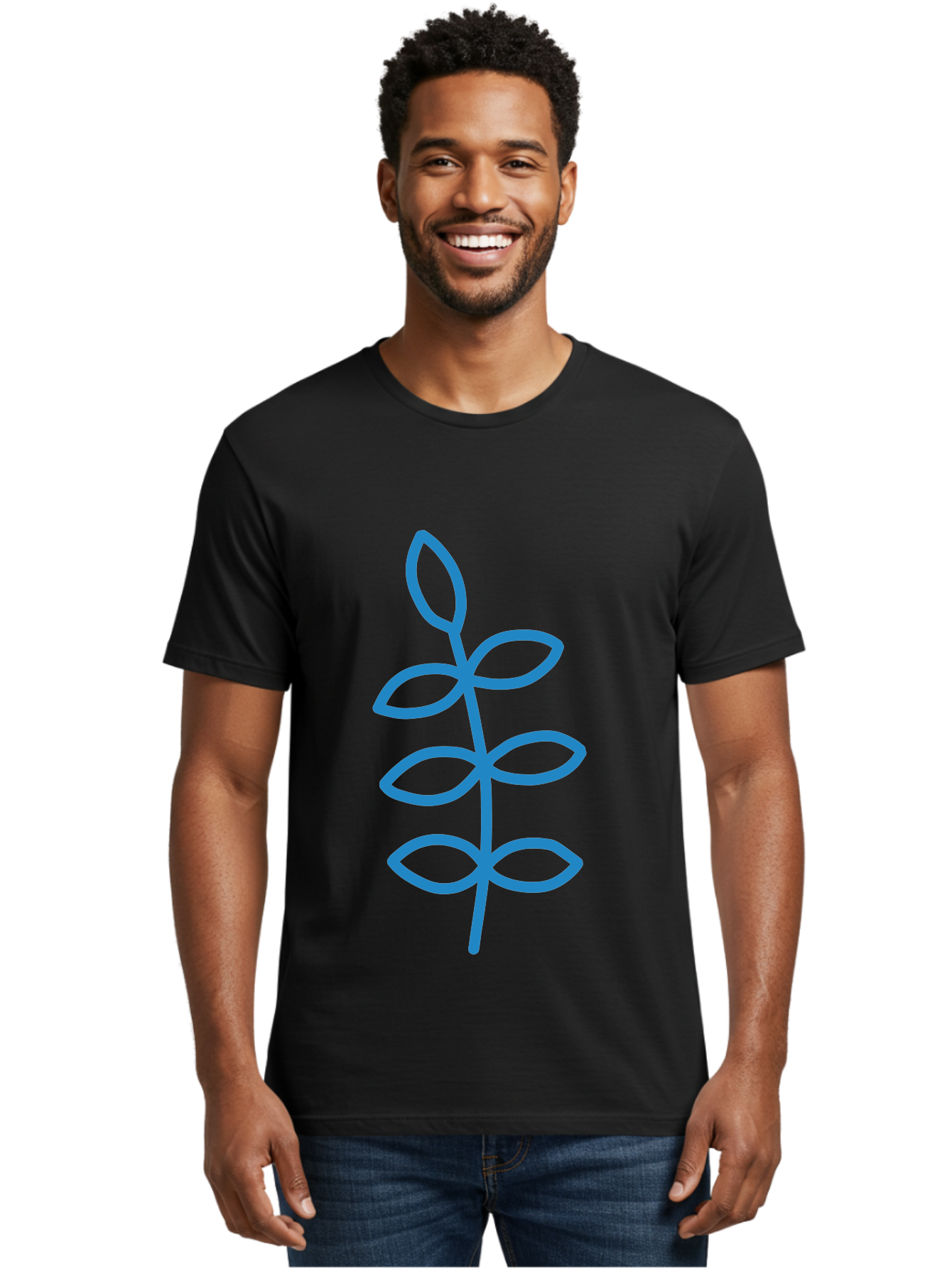 Blue-Stem Men'S Graphic Tee, 100% Cotton, Comfortable Casual Summer Wear, Machine Washable, Simple Plant Drawing, Blue Outline, Minimalist Art, Stylized Leaves, Modern Illustration, Digital Artwork, Nature-Inspired Design Aab672