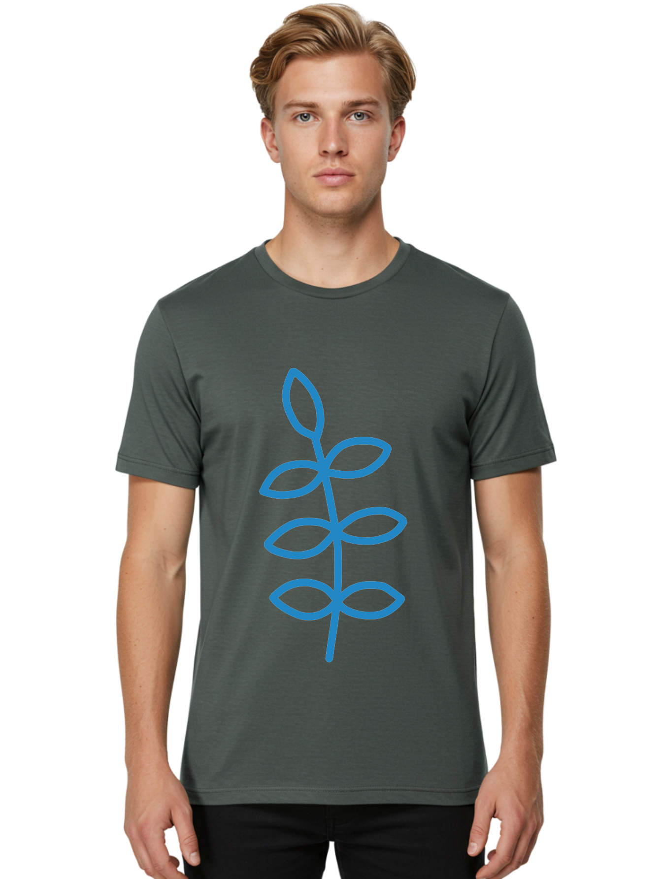 Blue-Stem Men'S Graphic Tee, 100% Cotton, Comfortable Casual Summer Wear, Machine Washable, Simple Plant Drawing, Blue Outline, Minimalist Art, Stylized Leaves, Modern Illustration, Digital Artwork, Nature-Inspired Design Aab672