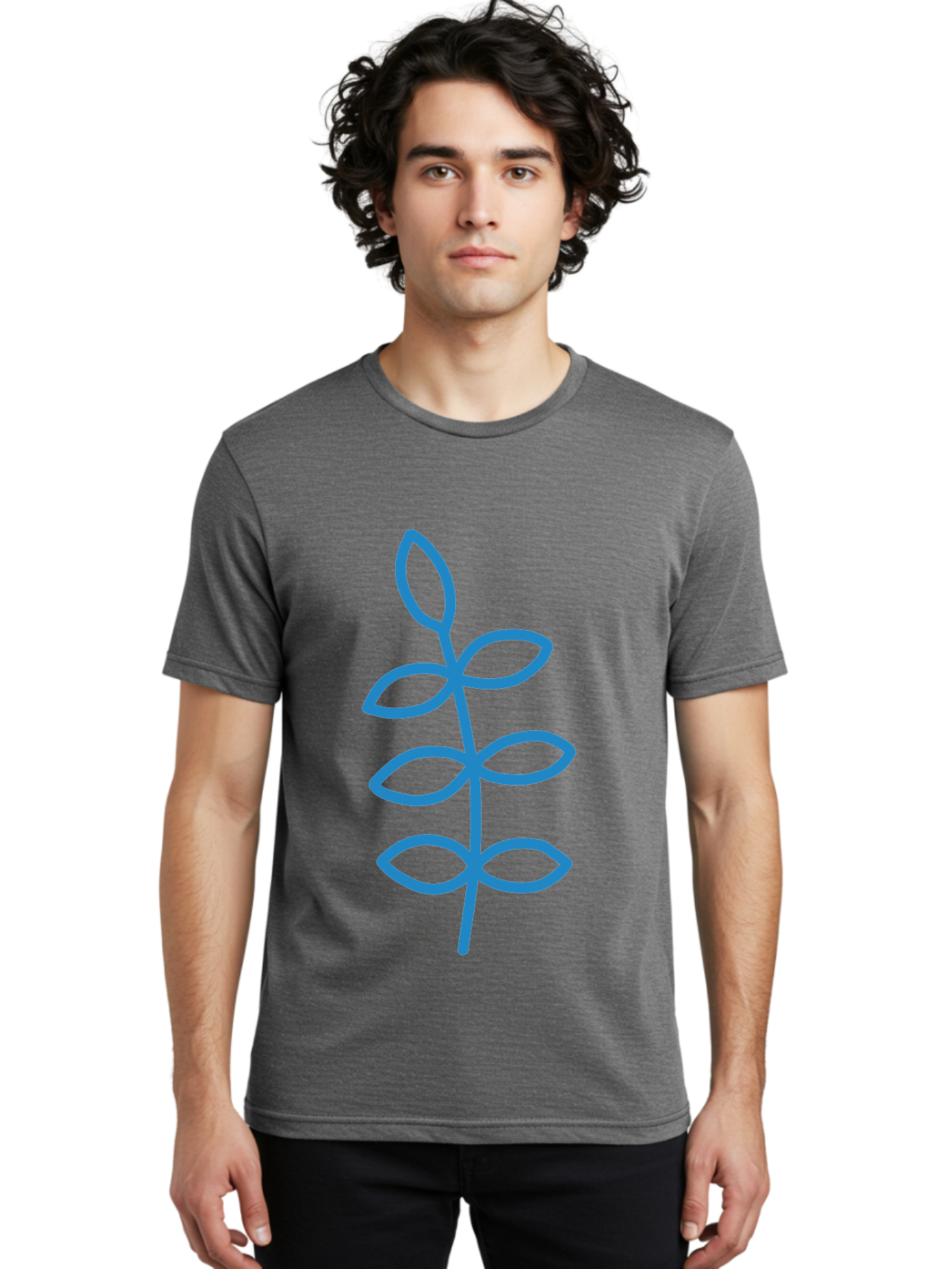 Blue-Stem Men'S Graphic Tee, 100% Cotton, Comfortable Casual Summer Wear, Machine Washable, Simple Plant Drawing, Blue Outline, Minimalist Art, Stylized Leaves, Modern Illustration, Digital Artwork, Nature-Inspired Design Aab672