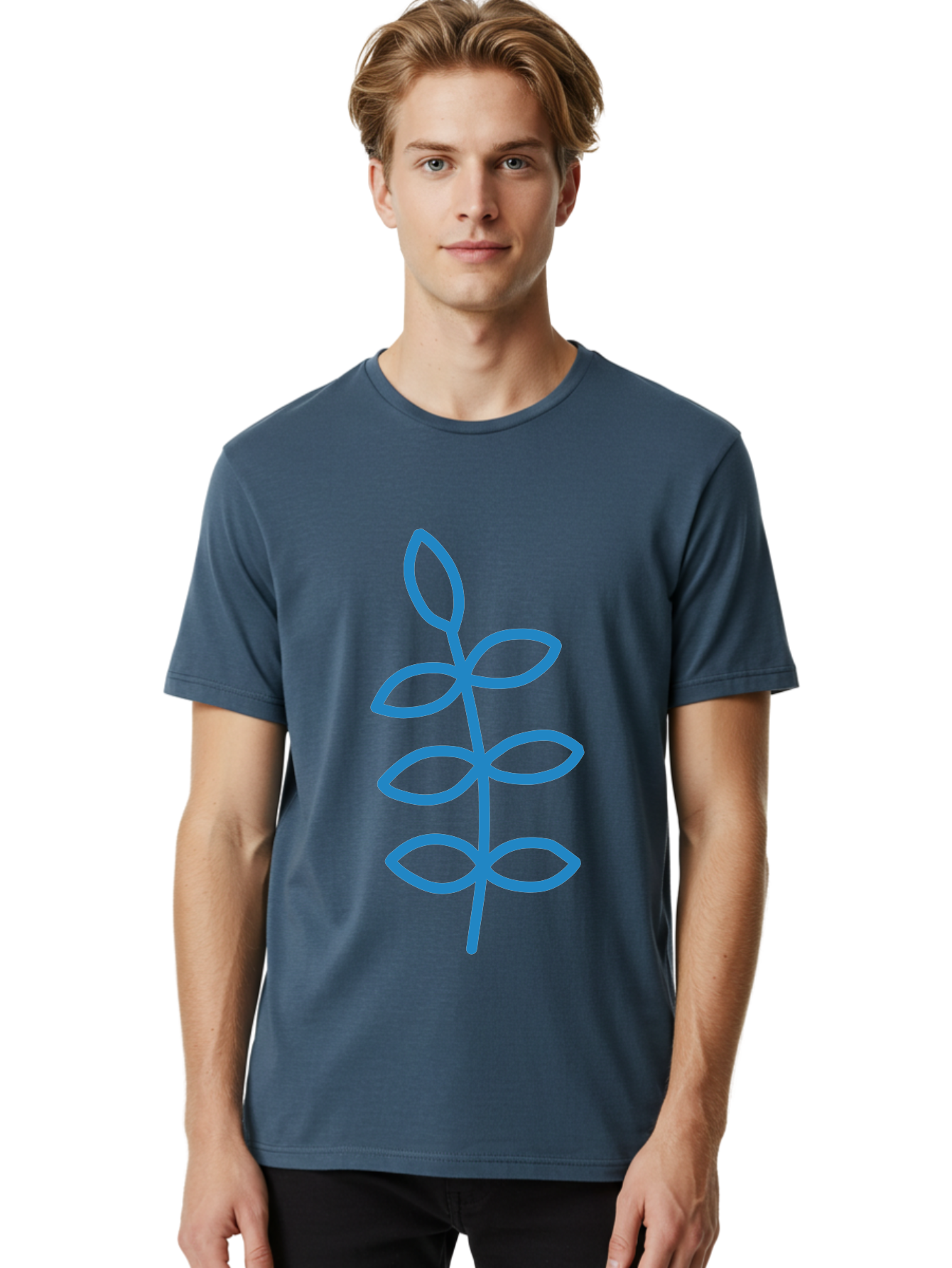 Blue-Stem Men'S Graphic Tee, 100% Cotton, Comfortable Casual Summer Wear, Machine Washable, Simple Plant Drawing, Blue Outline, Minimalist Art, Stylized Leaves, Modern Illustration, Digital Artwork, Nature-Inspired Design Aab672