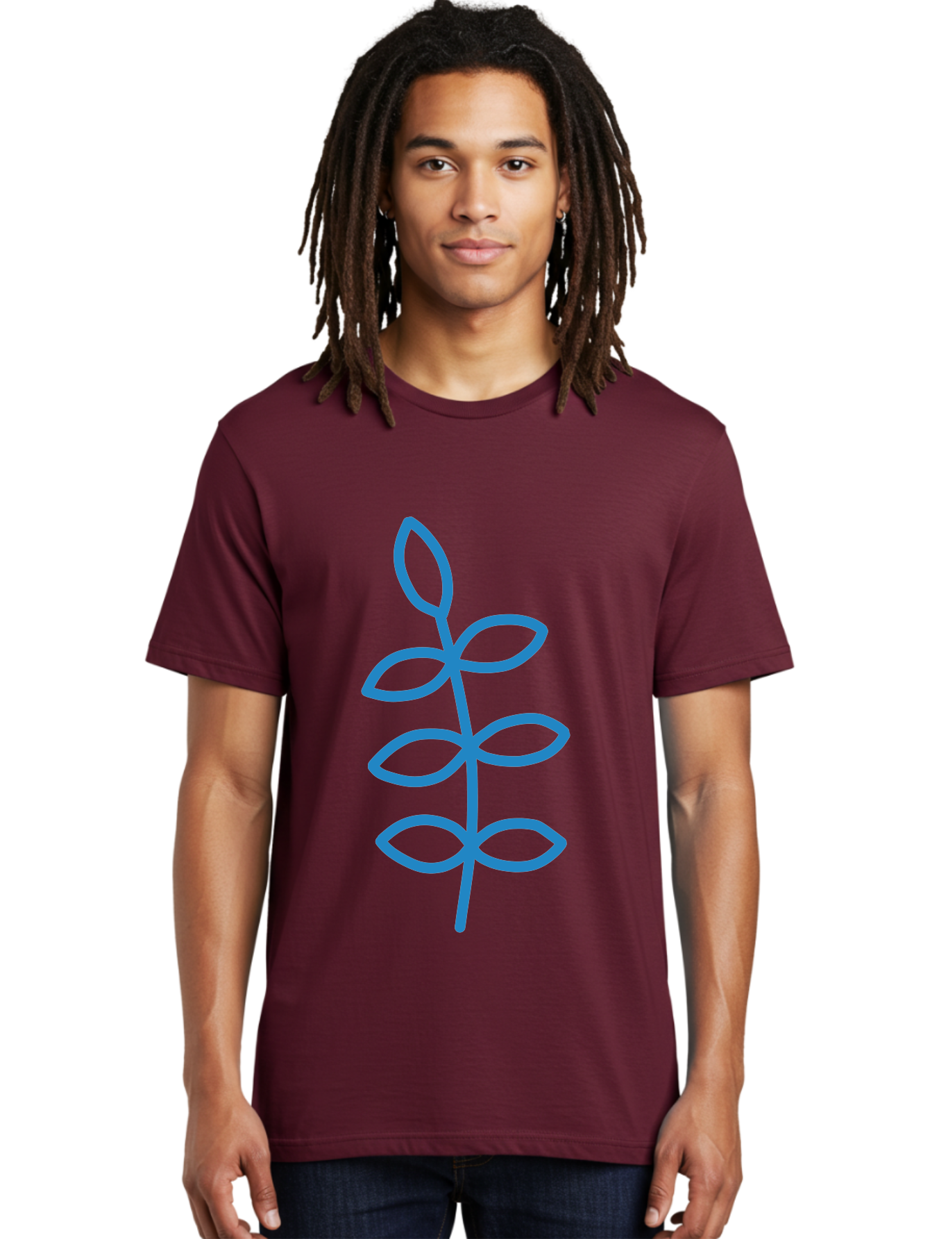Blue-Stem Men'S Graphic Tee, 100% Cotton, Comfortable Casual Summer Wear, Machine Washable, Simple Plant Drawing, Blue Outline, Minimalist Art, Stylized Leaves, Modern Illustration, Digital Artwork, Nature-Inspired Design Aab672