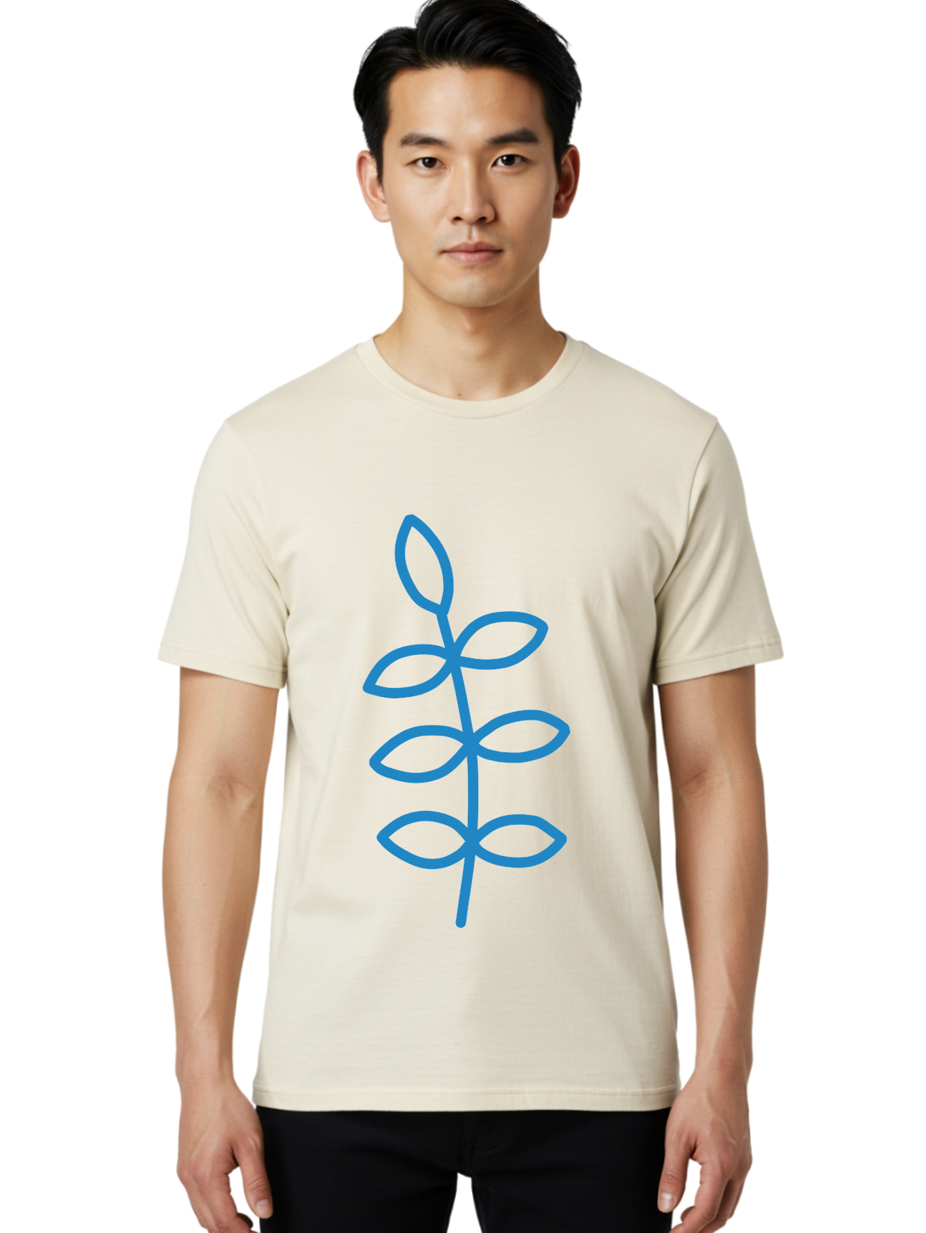 Blue-Stem Men'S Graphic Tee, 100% Cotton, Comfortable Casual Summer Wear, Machine Washable, Simple Plant Drawing, Blue Outline, Minimalist Art, Stylized Leaves, Modern Illustration, Digital Artwork, Nature-Inspired Design Aab672