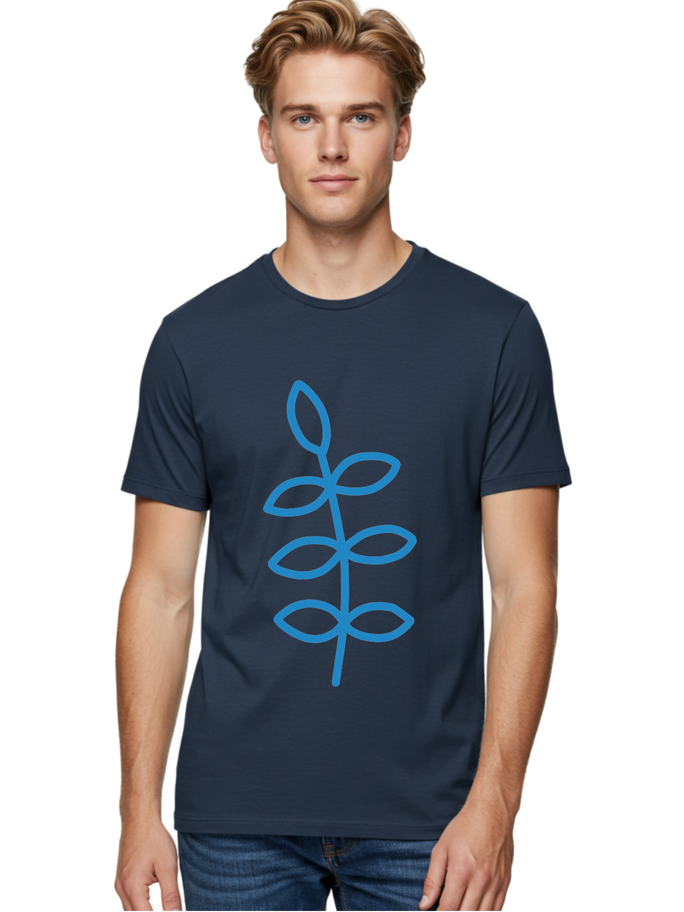 Blue-Stem Men'S Graphic Tee, 100% Cotton, Comfortable Casual Summer Wear, Machine Washable, Simple Plant Drawing, Blue Outline, Minimalist Art, Stylized Leaves, Modern Illustration, Digital Artwork, Nature-Inspired Design Aab672