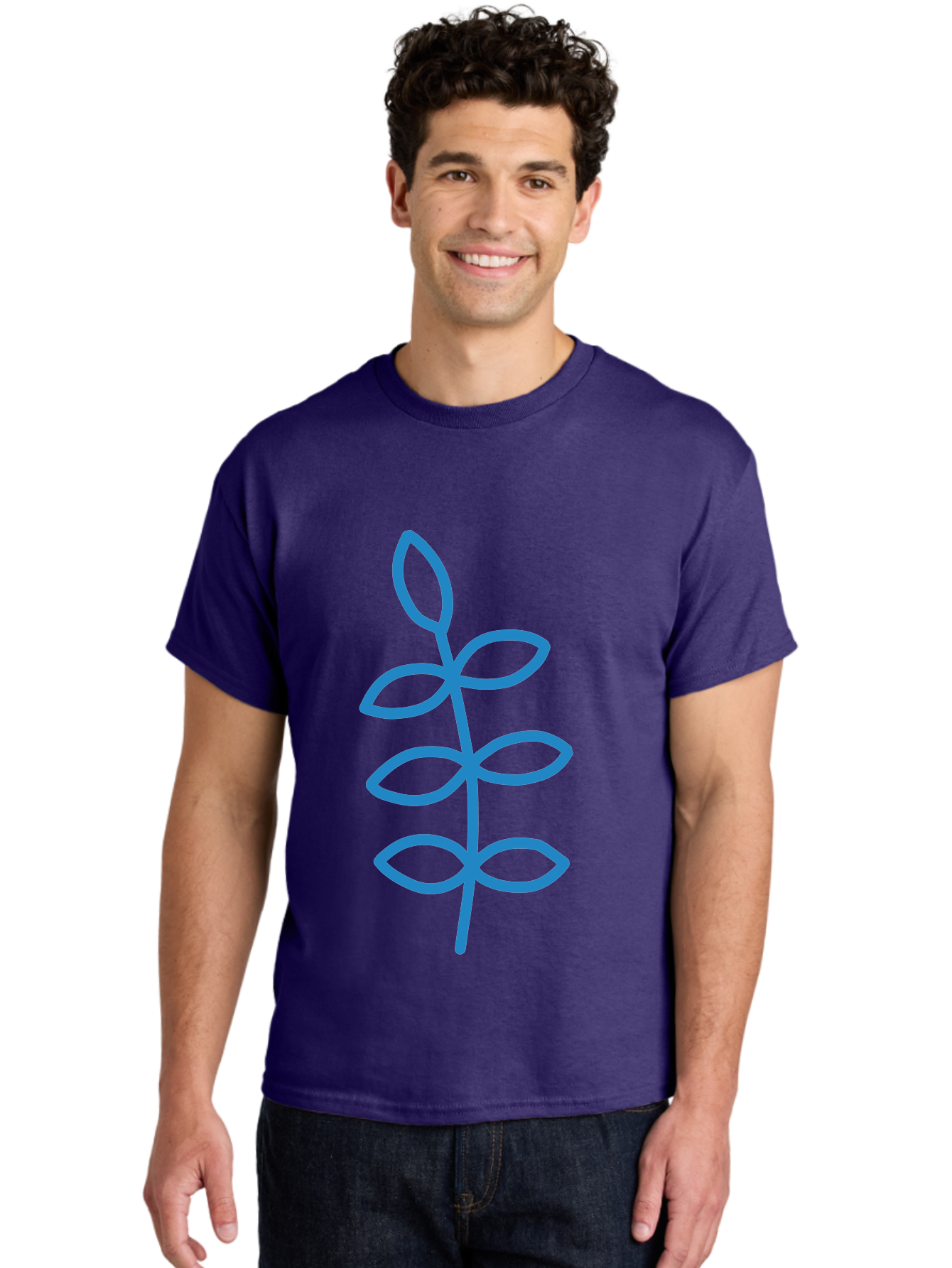 Blue-Stem Men'S Graphic Tee, 100% Cotton, Comfortable Casual Summer Wear, Machine Washable, Simple Plant Drawing, Blue Outline, Minimalist Art, Stylized Leaves, Modern Illustration, Digital Artwork, Nature-Inspired Design Aab672