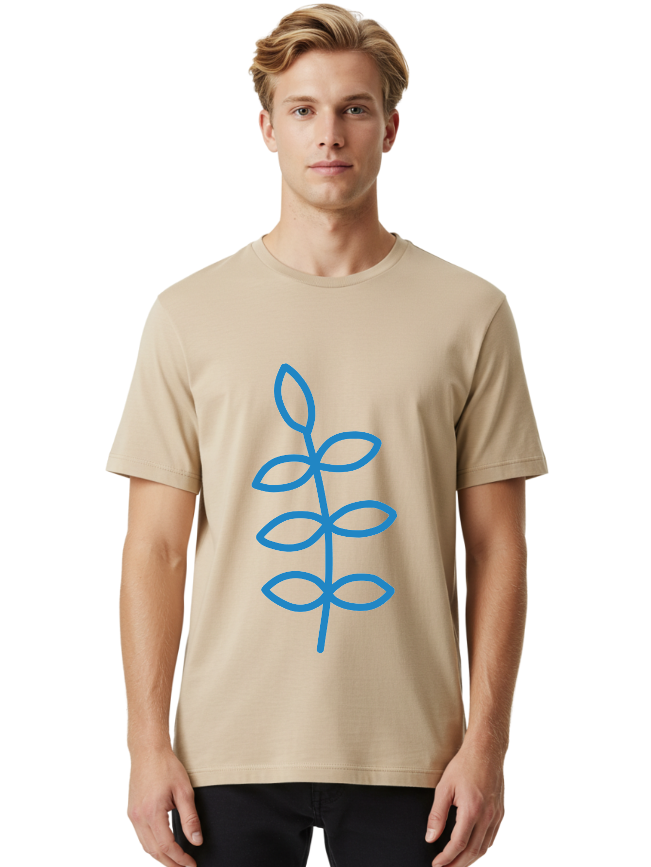 Blue-Stem Men'S Graphic Tee, 100% Cotton, Comfortable Casual Summer Wear, Machine Washable, Simple Plant Drawing, Blue Outline, Minimalist Art, Stylized Leaves, Modern Illustration, Digital Artwork, Nature-Inspired Design Aab672