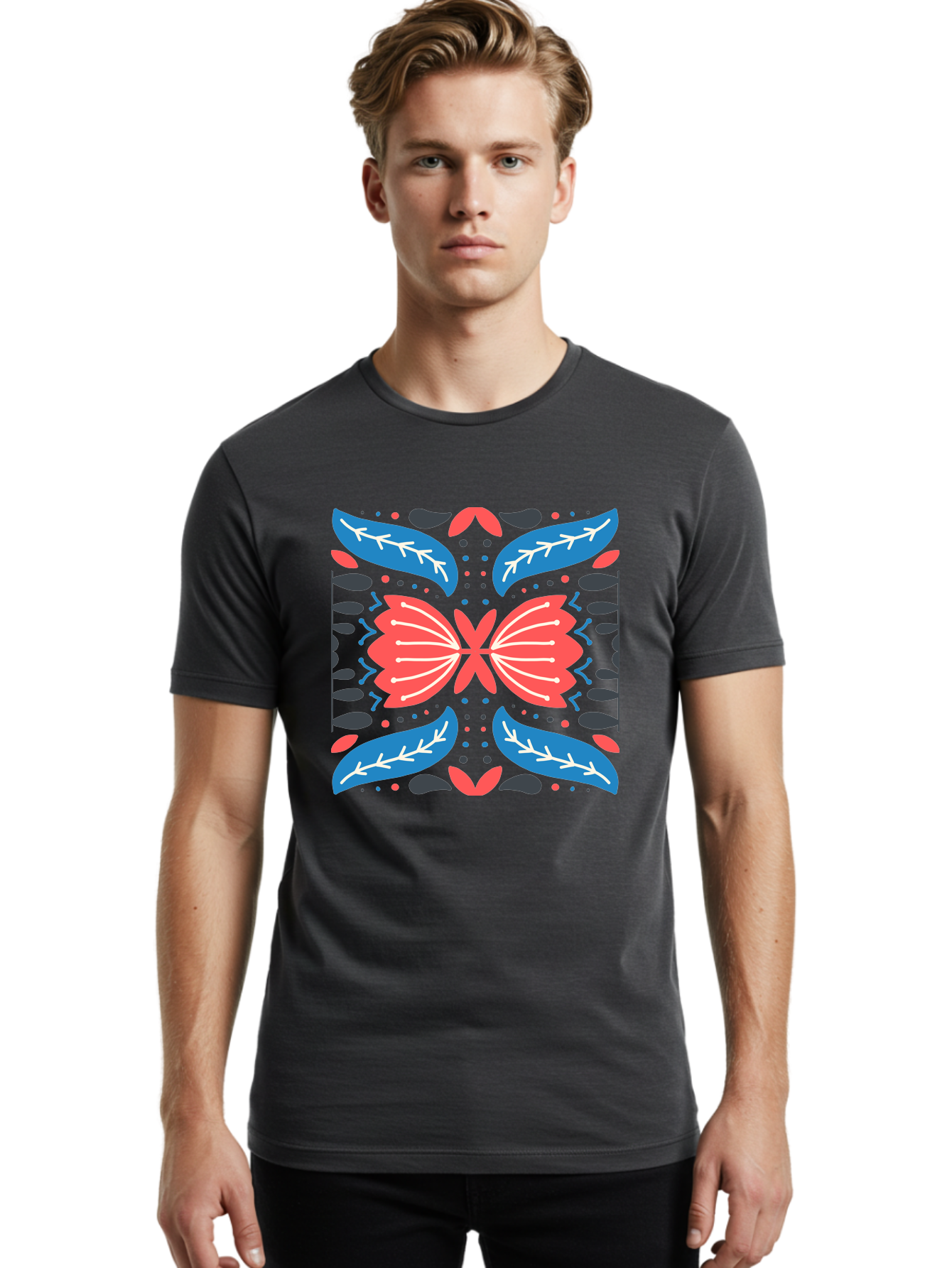 Butterfly-Pattern-1 Men'S Graphic Tee, 100% Cotton, Comfortable Casual Summer Wear, Machine Washable, Symmetrical Butterfly Design, Floral Pattern, Vibrant Red And Blue Hues, White Accents, Abstract Shapes, Folk Art Inspiration, Aab674