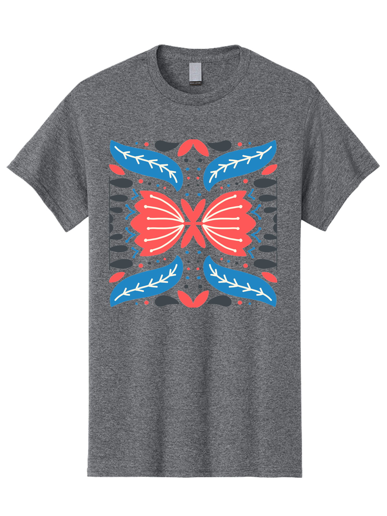 Butterfly-Pattern-1 Men'S Graphic Tee, 100% Cotton, Comfortable Casual Summer Wear, Machine Washable, Symmetrical Butterfly Design, Floral Pattern, Vibrant Red And Blue Hues, White Accents, Abstract Shapes, Folk Art Inspiration, Aab674