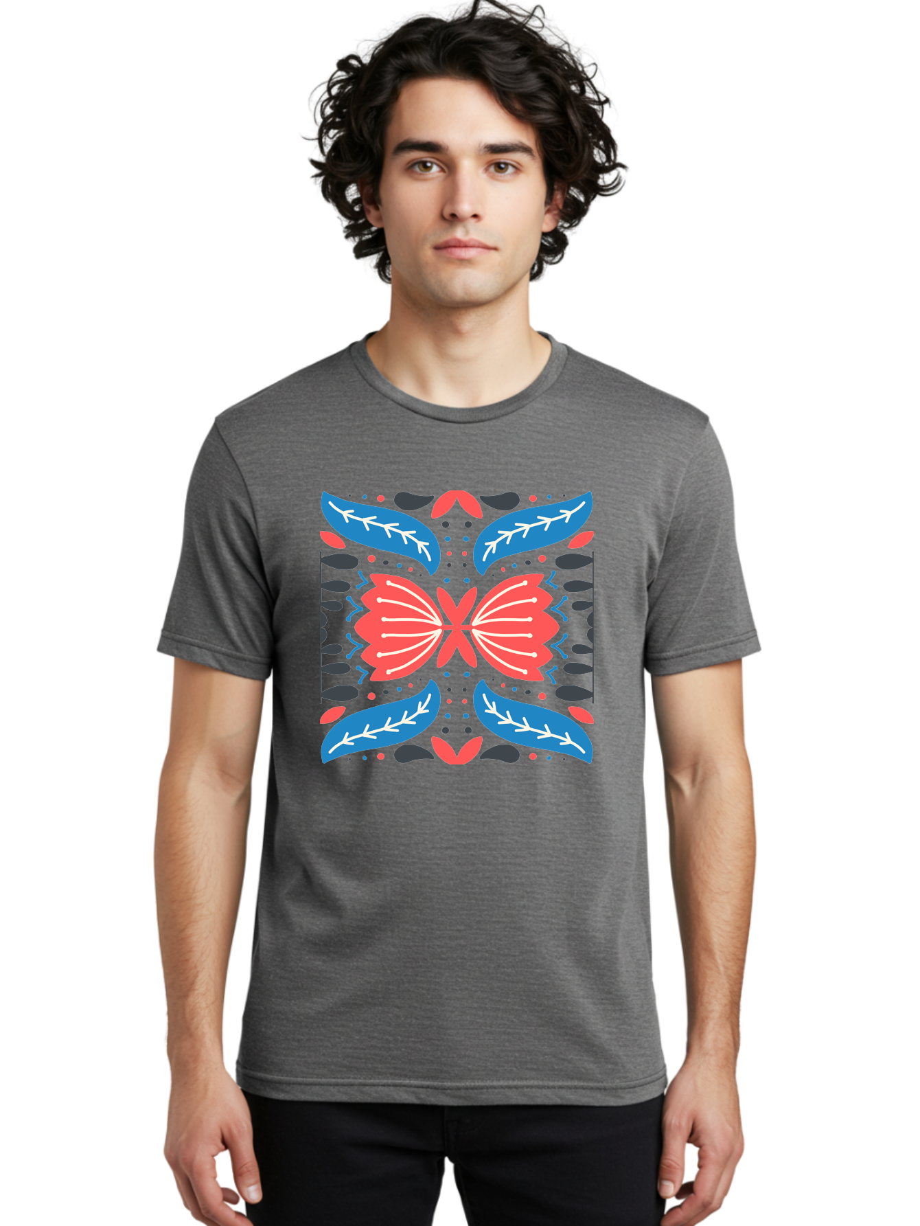 Butterfly-Pattern-1 Men'S Graphic Tee, 100% Cotton, Comfortable Casual Summer Wear, Machine Washable, Symmetrical Butterfly Design, Floral Pattern, Vibrant Red And Blue Hues, White Accents, Abstract Shapes, Folk Art Inspiration, Aab674