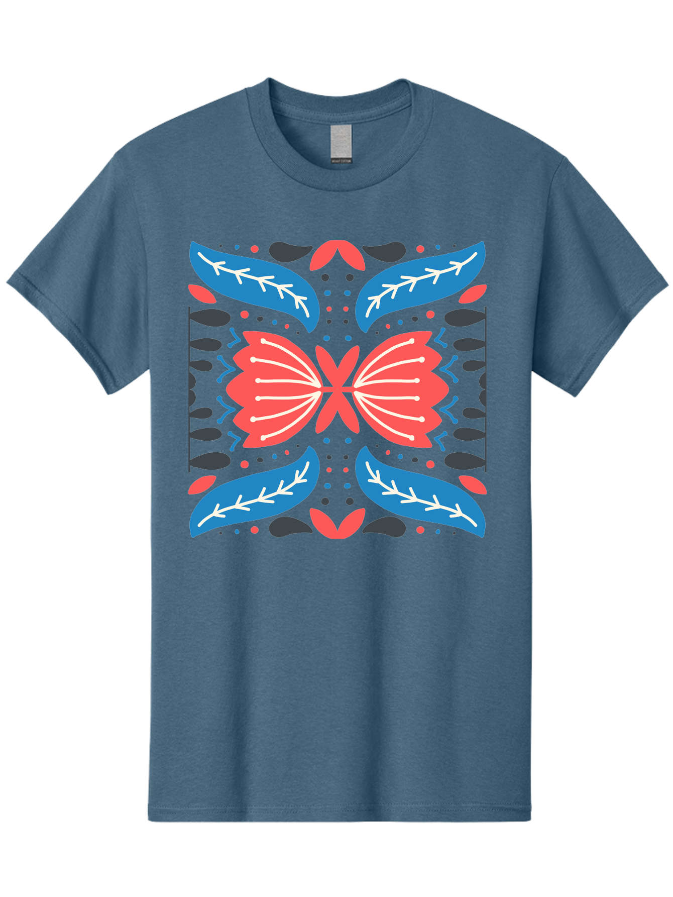 Butterfly-Pattern-1 Men'S Graphic Tee, 100% Cotton, Comfortable Casual Summer Wear, Machine Washable, Symmetrical Butterfly Design, Floral Pattern, Vibrant Red And Blue Hues, White Accents, Abstract Shapes, Folk Art Inspiration, Aab674