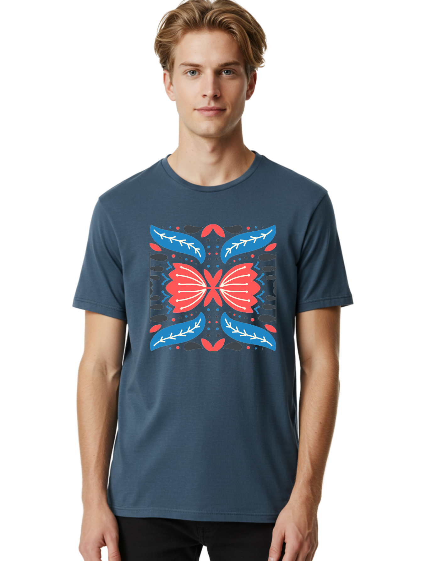 Butterfly-Pattern-1 Men'S Graphic Tee, 100% Cotton, Comfortable Casual Summer Wear, Machine Washable, Symmetrical Butterfly Design, Floral Pattern, Vibrant Red And Blue Hues, White Accents, Abstract Shapes, Folk Art Inspiration, Aab674