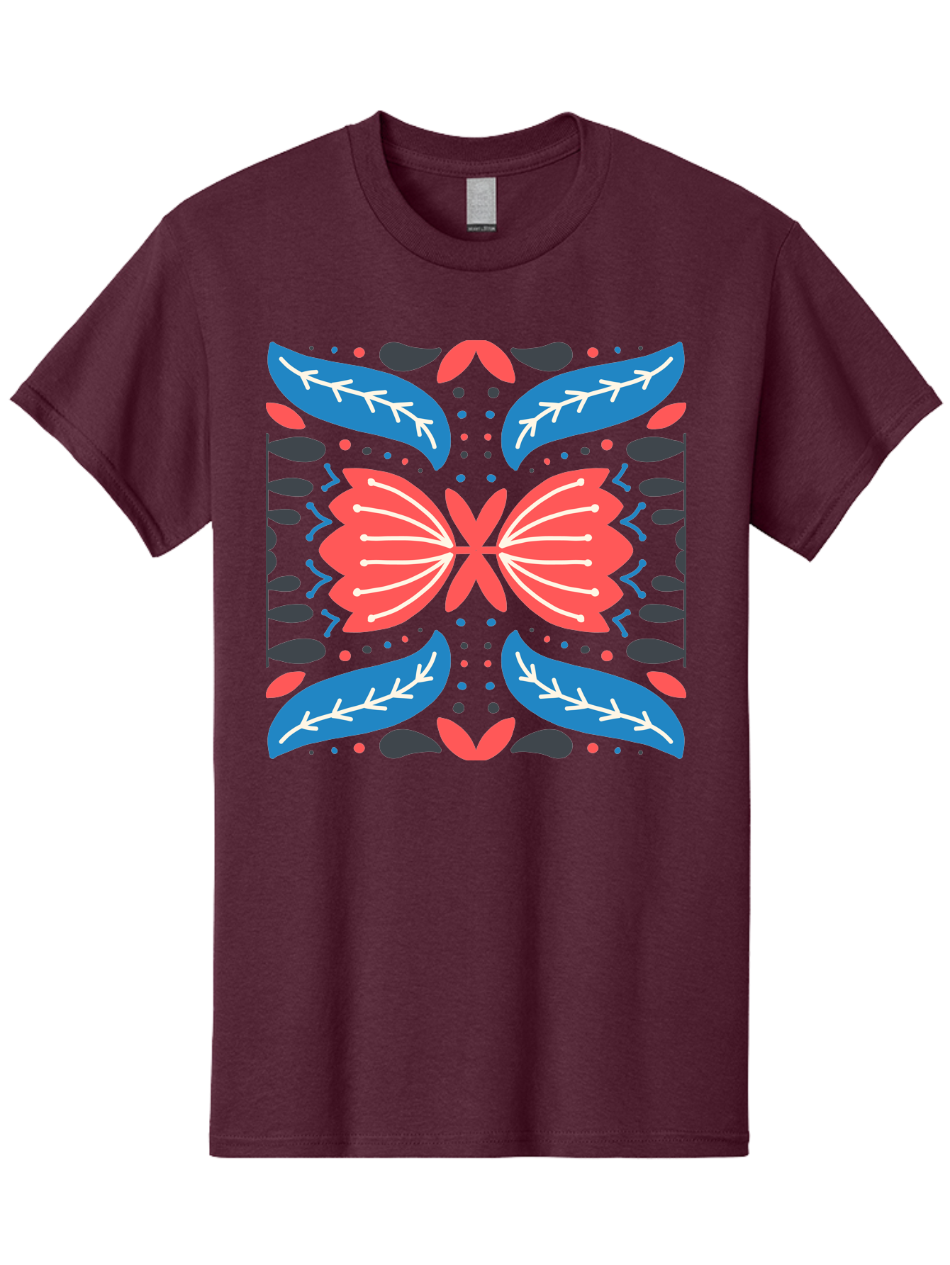 Butterfly-Pattern-1 Men'S Graphic Tee, 100% Cotton, Comfortable Casual Summer Wear, Machine Washable, Symmetrical Butterfly Design, Floral Pattern, Vibrant Red And Blue Hues, White Accents, Abstract Shapes, Folk Art Inspiration, Aab674