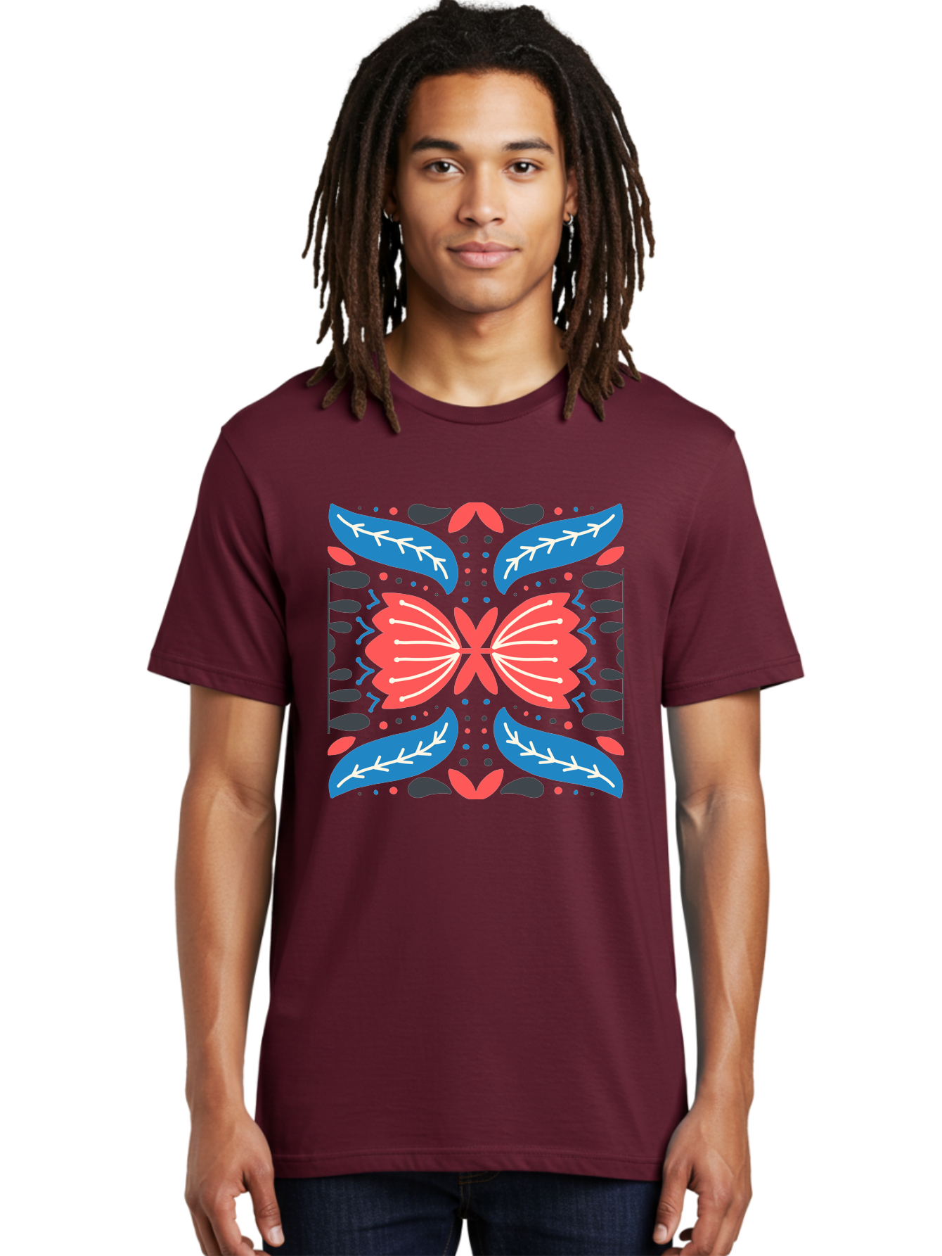 Butterfly-Pattern-1 Men'S Graphic Tee, 100% Cotton, Comfortable Casual Summer Wear, Machine Washable, Symmetrical Butterfly Design, Floral Pattern, Vibrant Red And Blue Hues, White Accents, Abstract Shapes, Folk Art Inspiration, Aab674