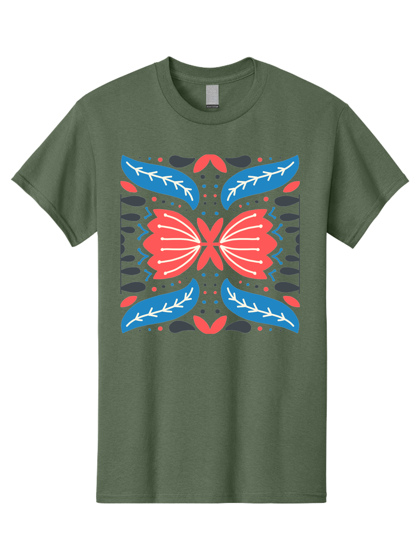 Butterfly-Pattern-1 Men'S Graphic Tee, 100% Cotton, Comfortable Casual Summer Wear, Machine Washable, Symmetrical Butterfly Design, Floral Pattern, Vibrant Red And Blue Hues, White Accents, Abstract Shapes, Folk Art Inspiration, Aab674
